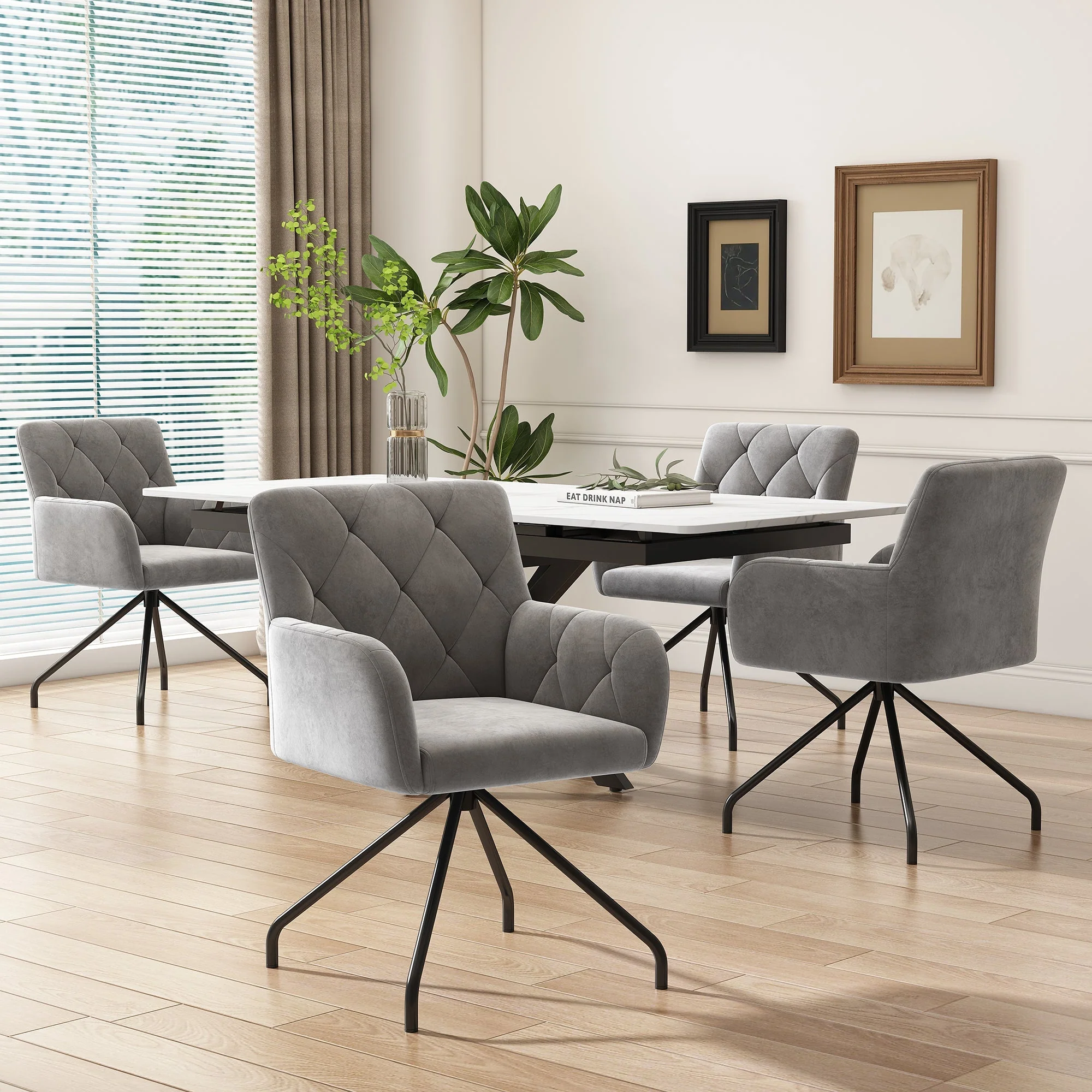Set of 6 Dining Chairs with Diamond Pattern and Lumbar Support, Light Grey Velvet - Image 2