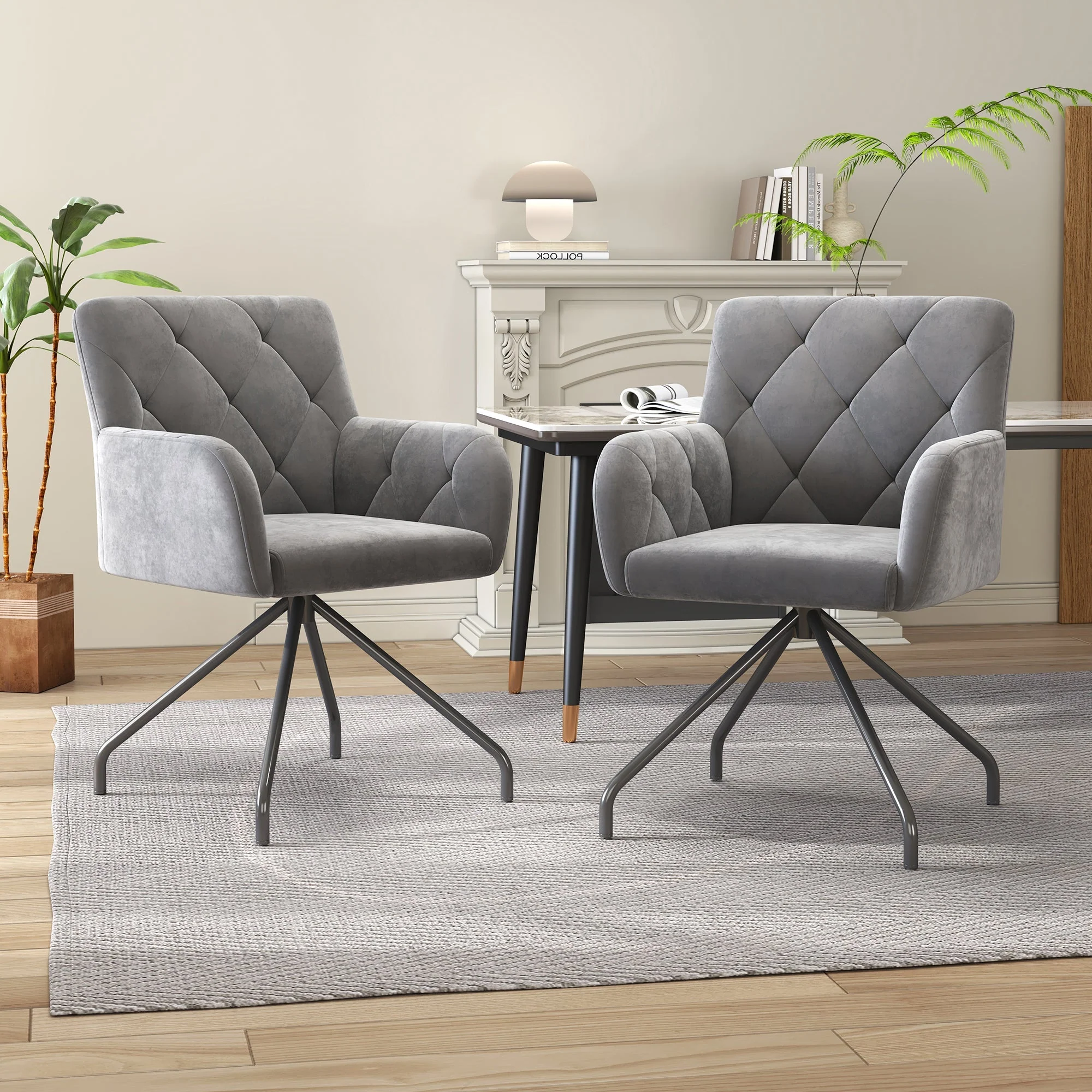 Set of 6 Dining Chairs with Diamond Pattern and Lumbar Support, Light Grey Velvet - Image 7