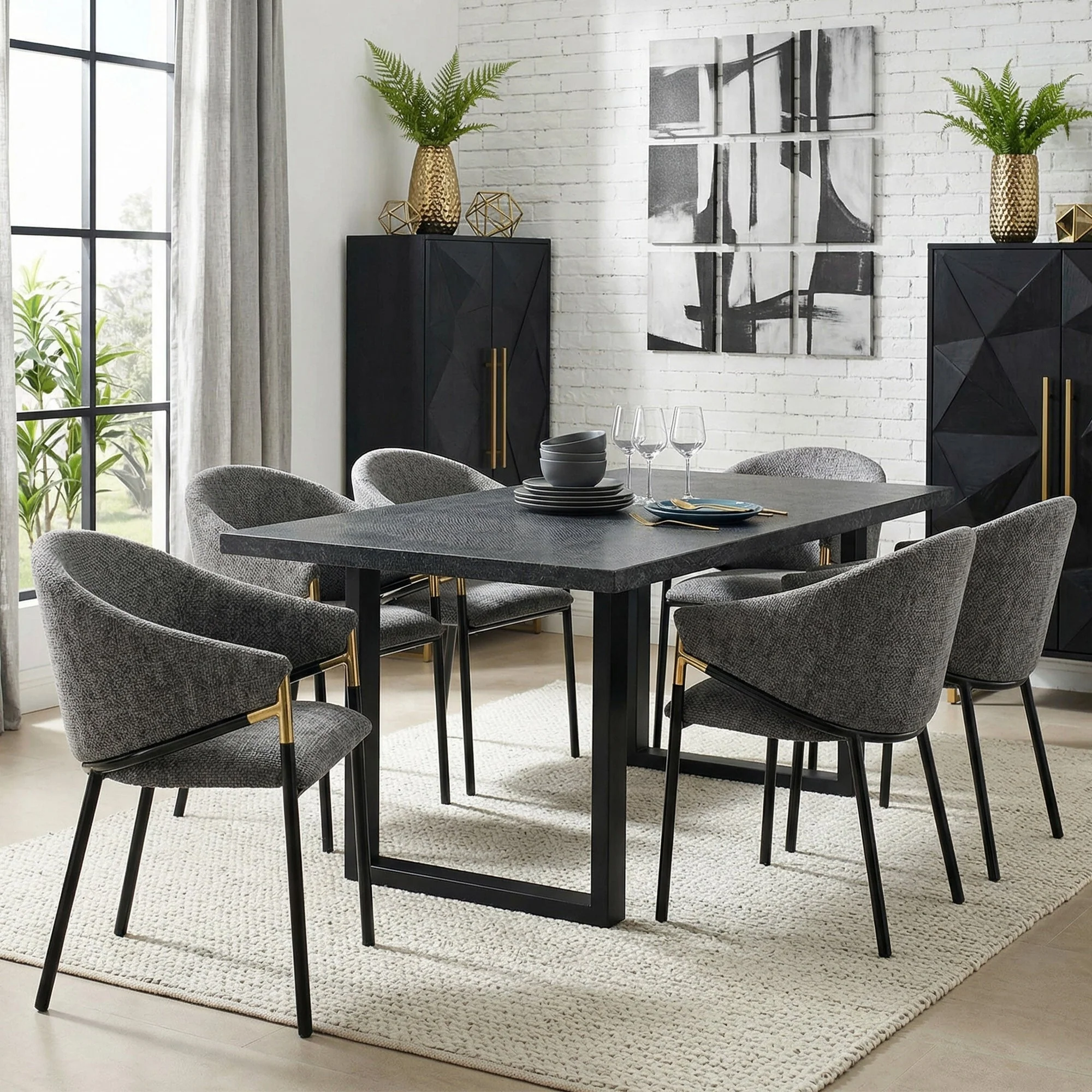 Set of 6 Dining Chairs with Gold Stainless Steel Handrails, Grey Chenille - Image 2