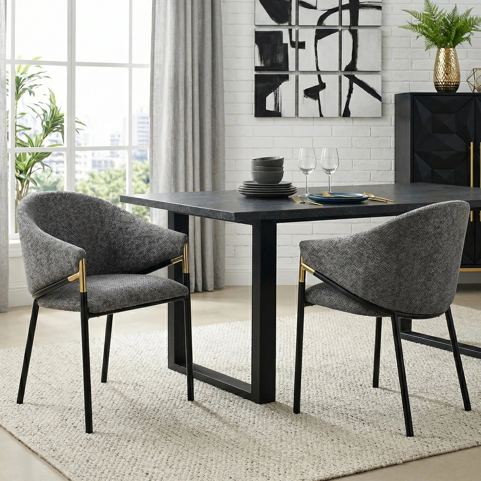 Set of 6 Dining Chairs with Gold Stainless Steel Handrails, Grey Chenille - Image 3