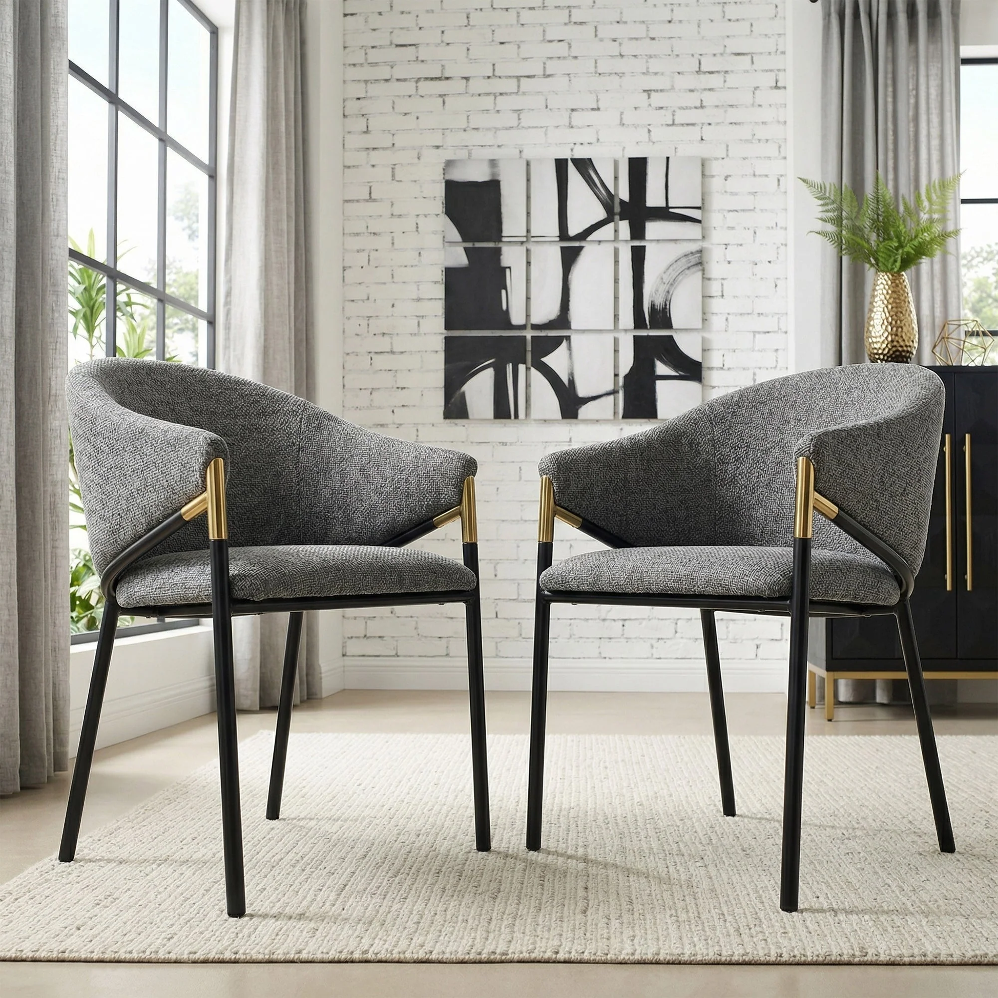 Set of 6 Dining Chairs with Gold Stainless Steel Handrails, Grey Chenille - Image 4