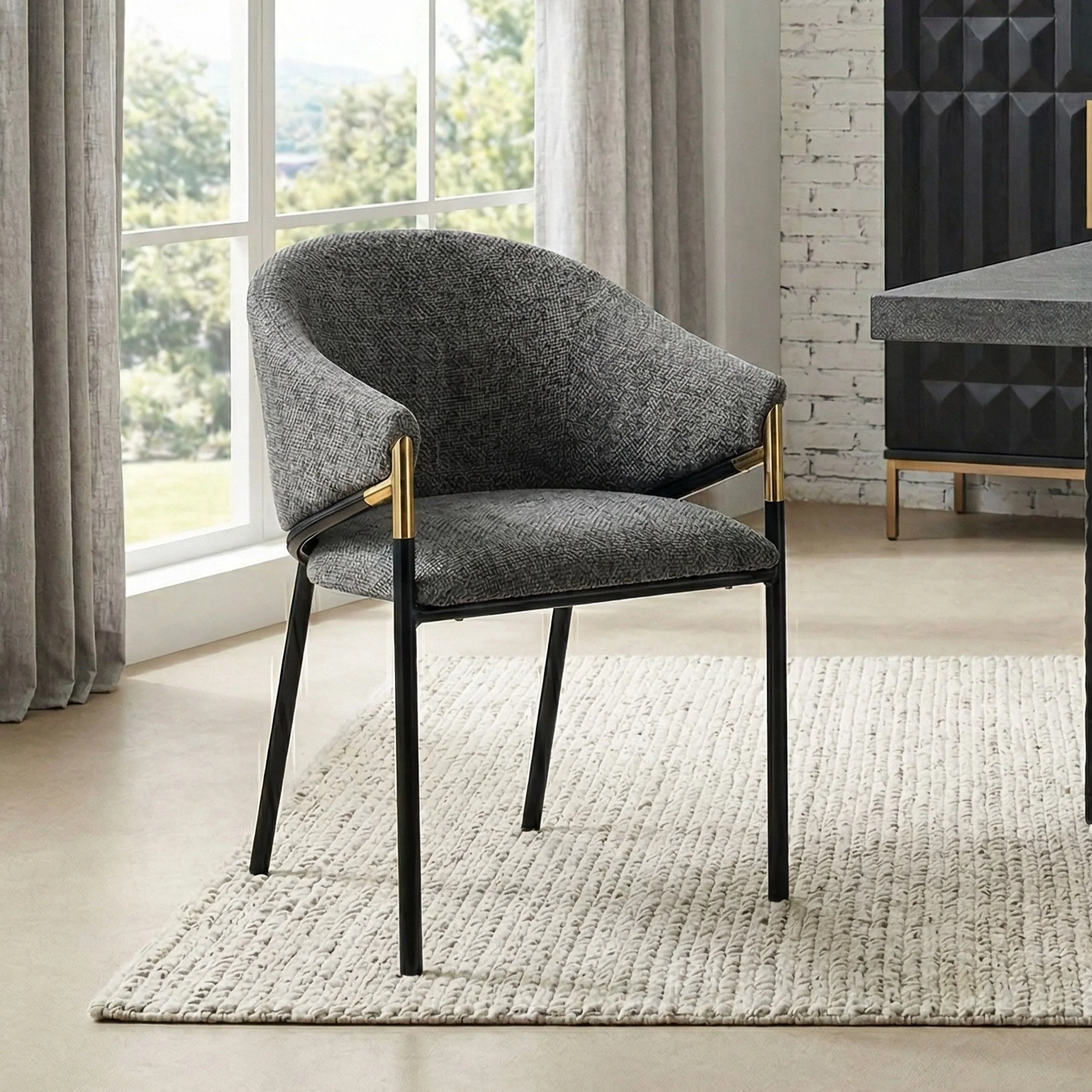 Set of 6 Dining Chairs with Gold Stainless Steel Handrails, Grey Chenille - Image 5