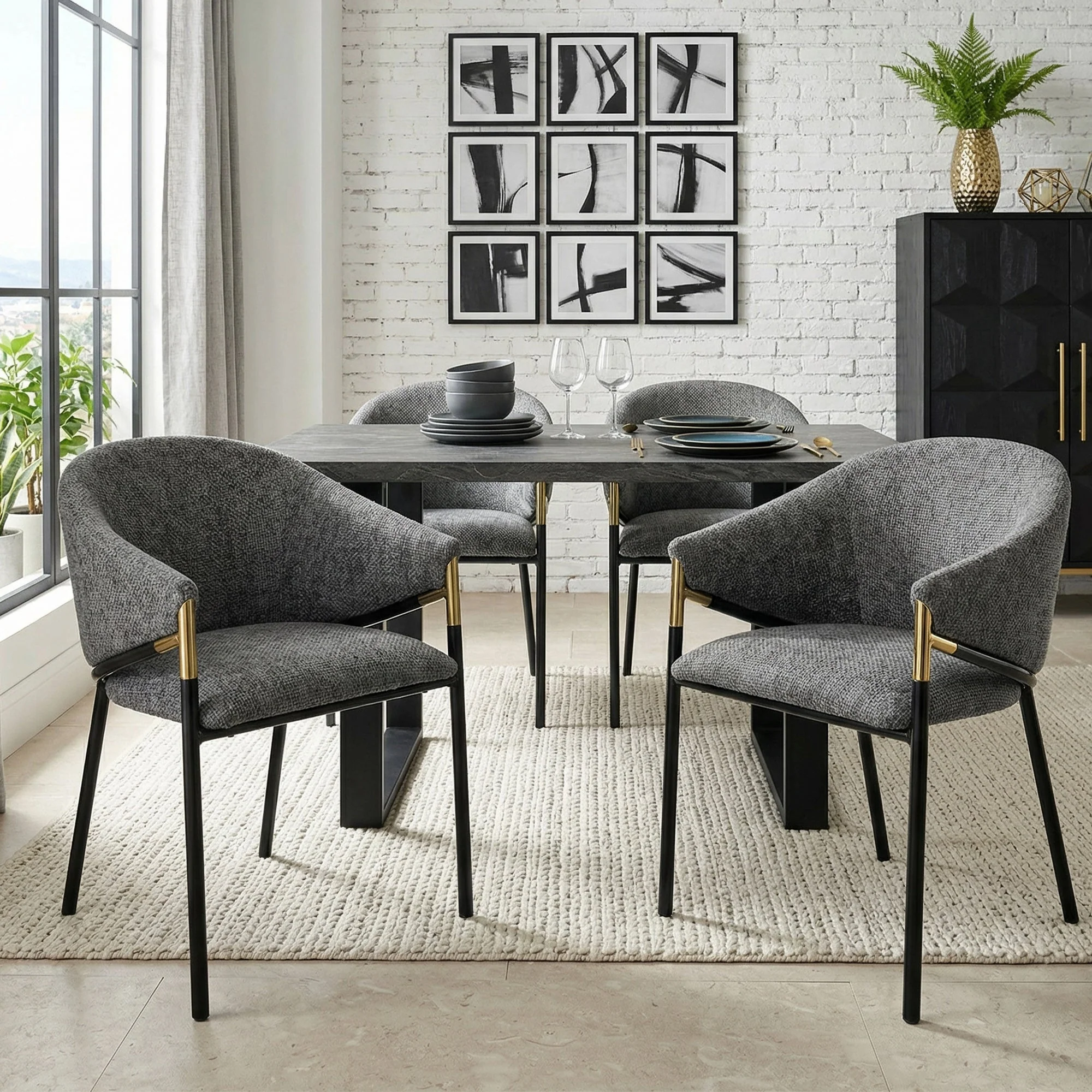 Set of 6 Dining Chairs with Gold Stainless Steel Handrails, Grey Chenille - Image 7