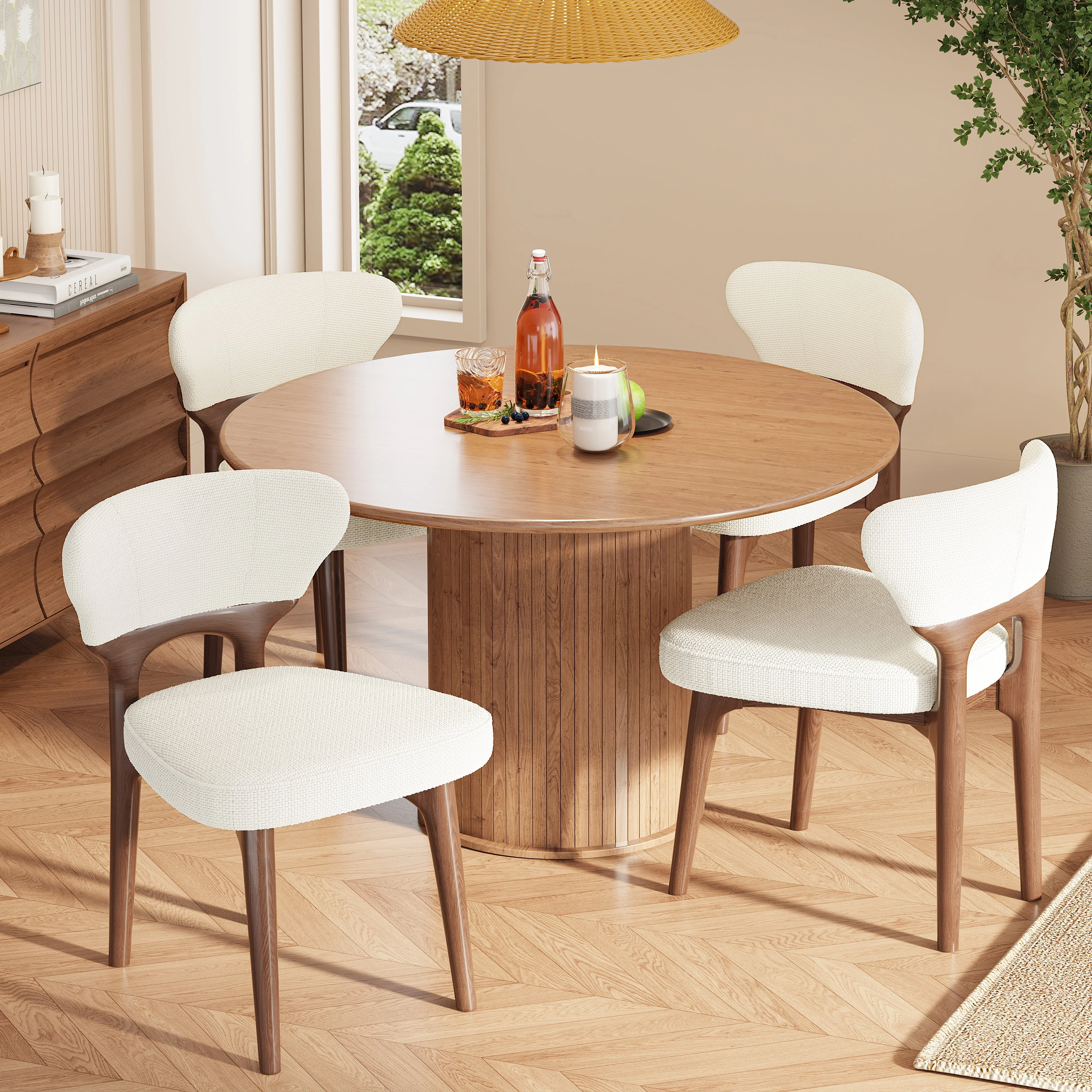 Set of 6 Solid Wood Dining Chairs, Modern Comfortable and Breathable, Light Beige Chenille - Image 3