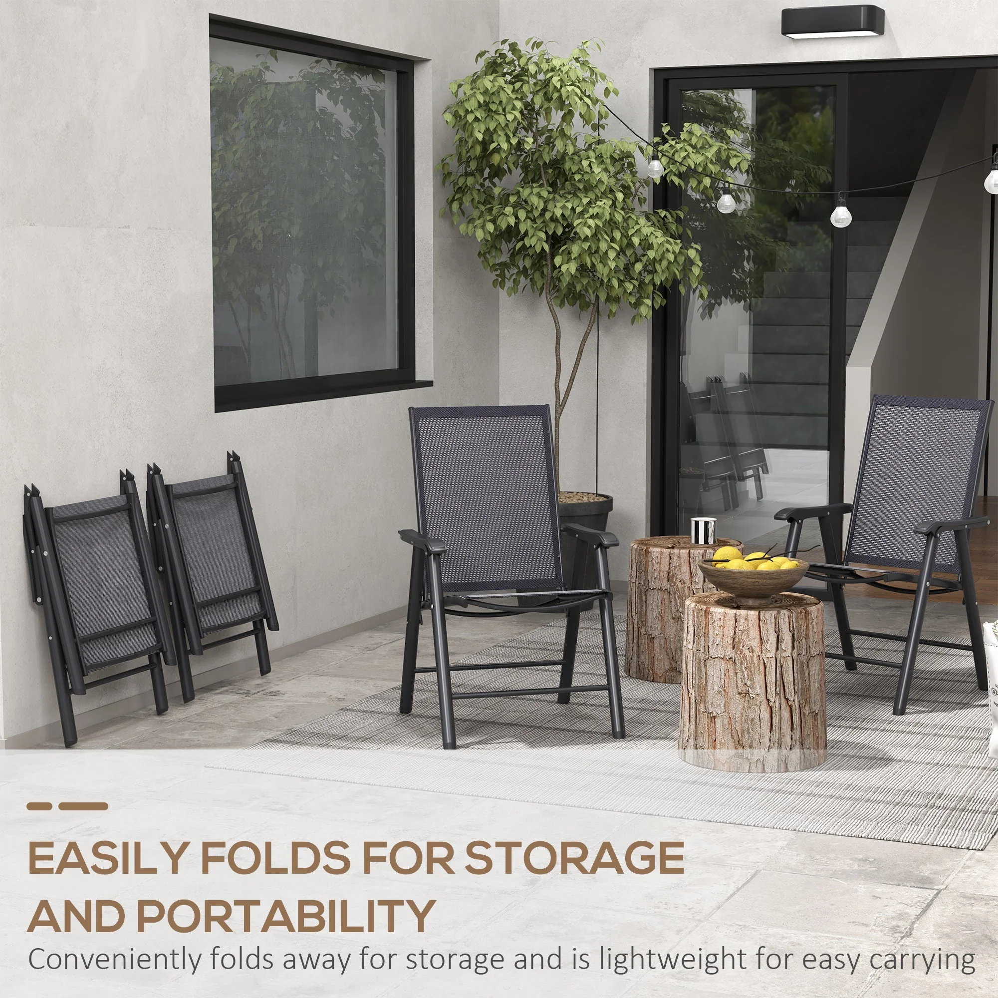 Set of Four Folding Garden Chairs, Portable and Space-Saving, Charcoal Grey - Image 5