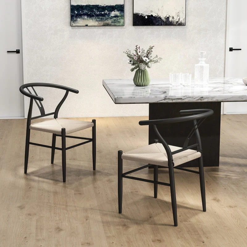Set of Two Dining Chairs with Y-Shaped Backrest, Black/Beige Hemp - Image 6