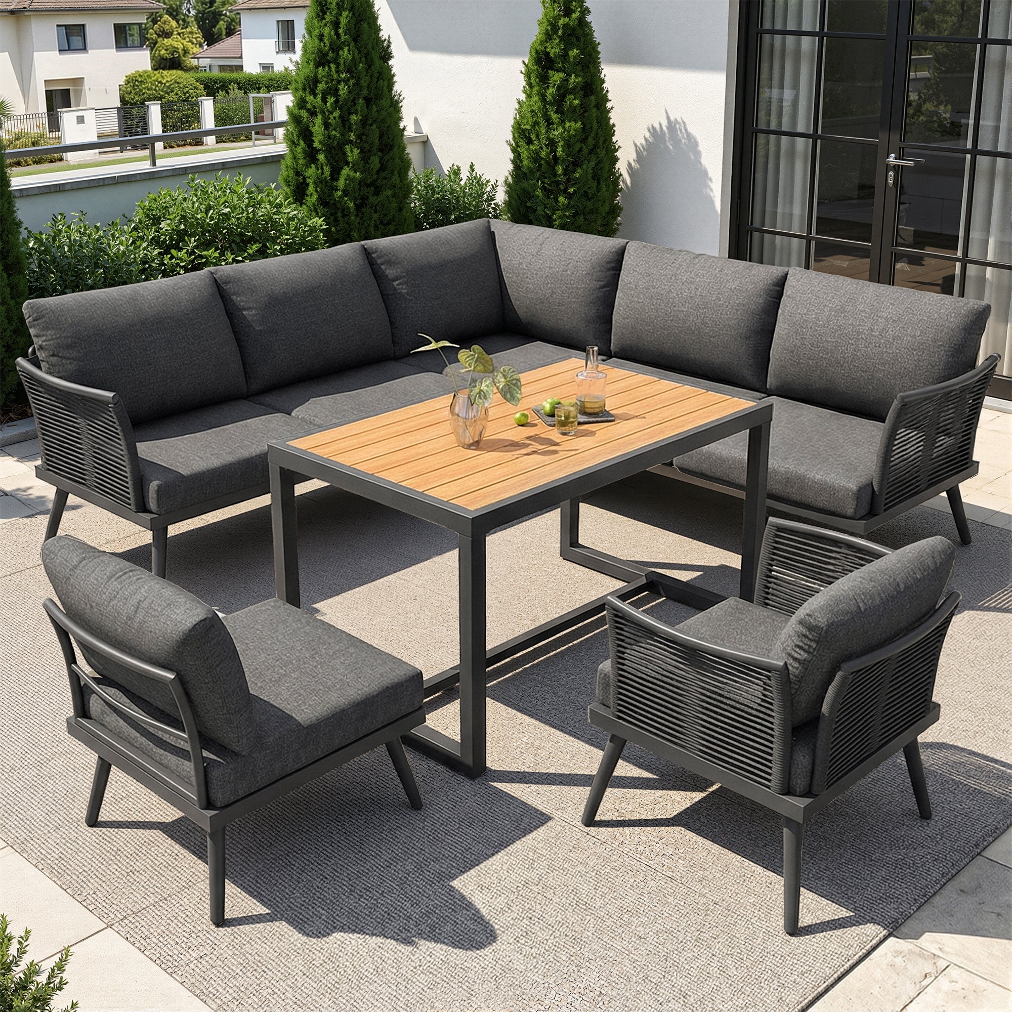 Seven-Seater L-Shaped Garden Sofa Set with Coffee Table and Armchair, Iron and Wood, Grey/Beige - Image 5