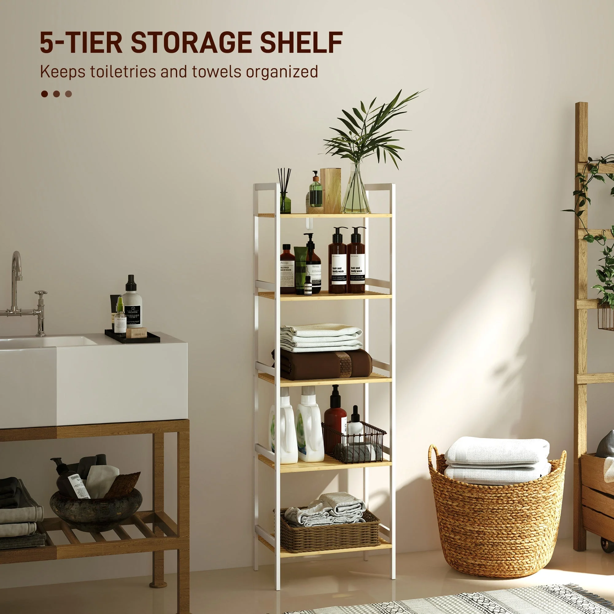 Shelf Storage Unit, Five-Tier Adjustable Bamboo - Image 4