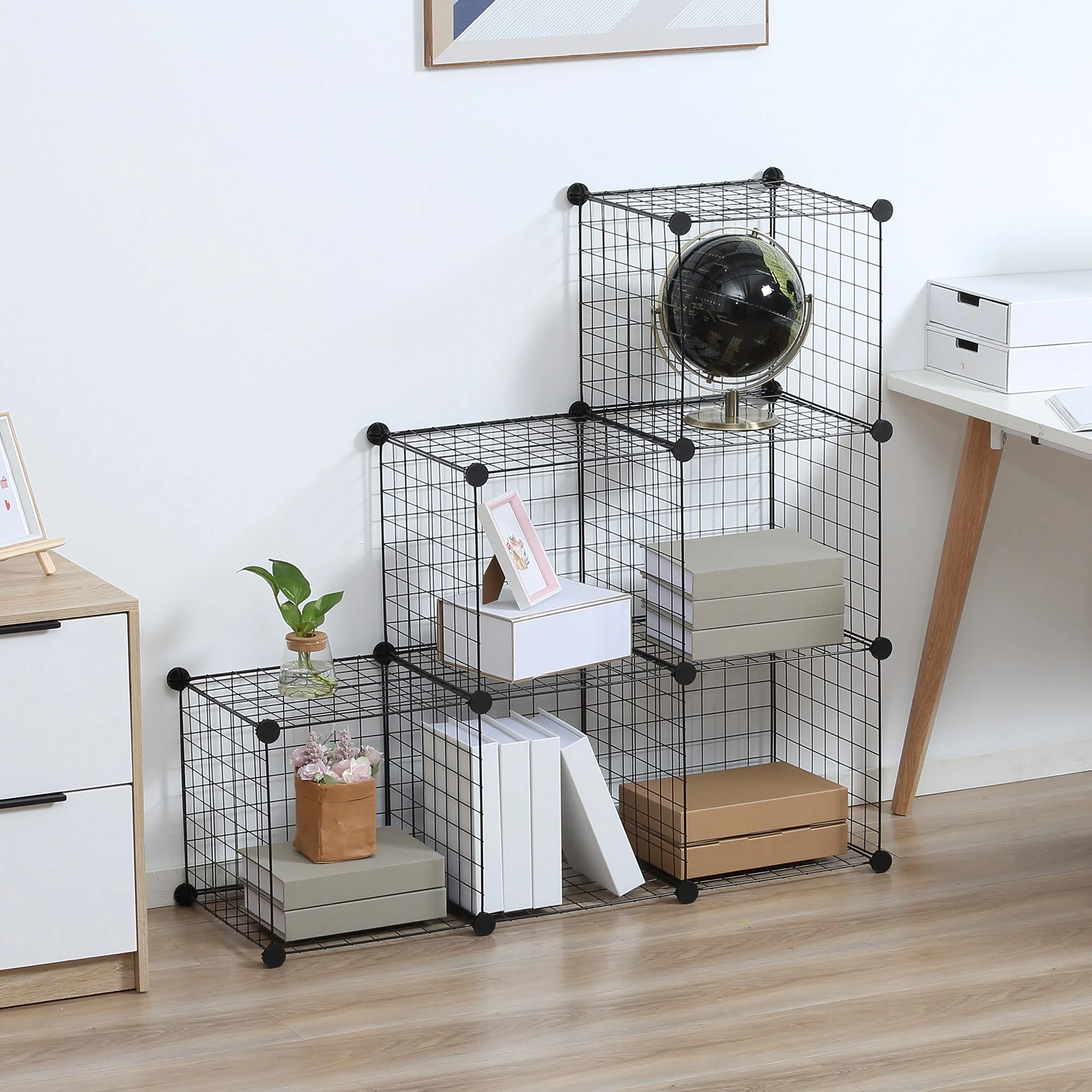 Shelving Unit, 6 Compartments, Wire Mesh Cube, Black - Image 2