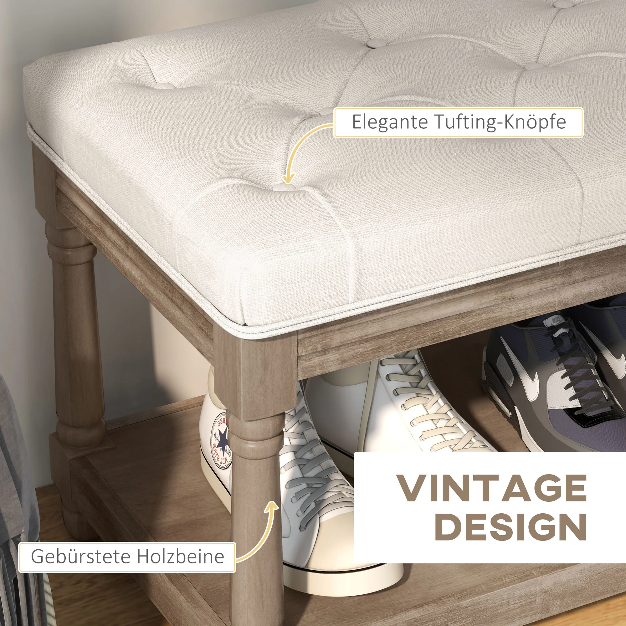 Shoe Bench, Padded Seat, Shoe Rack, Cream - Image 4