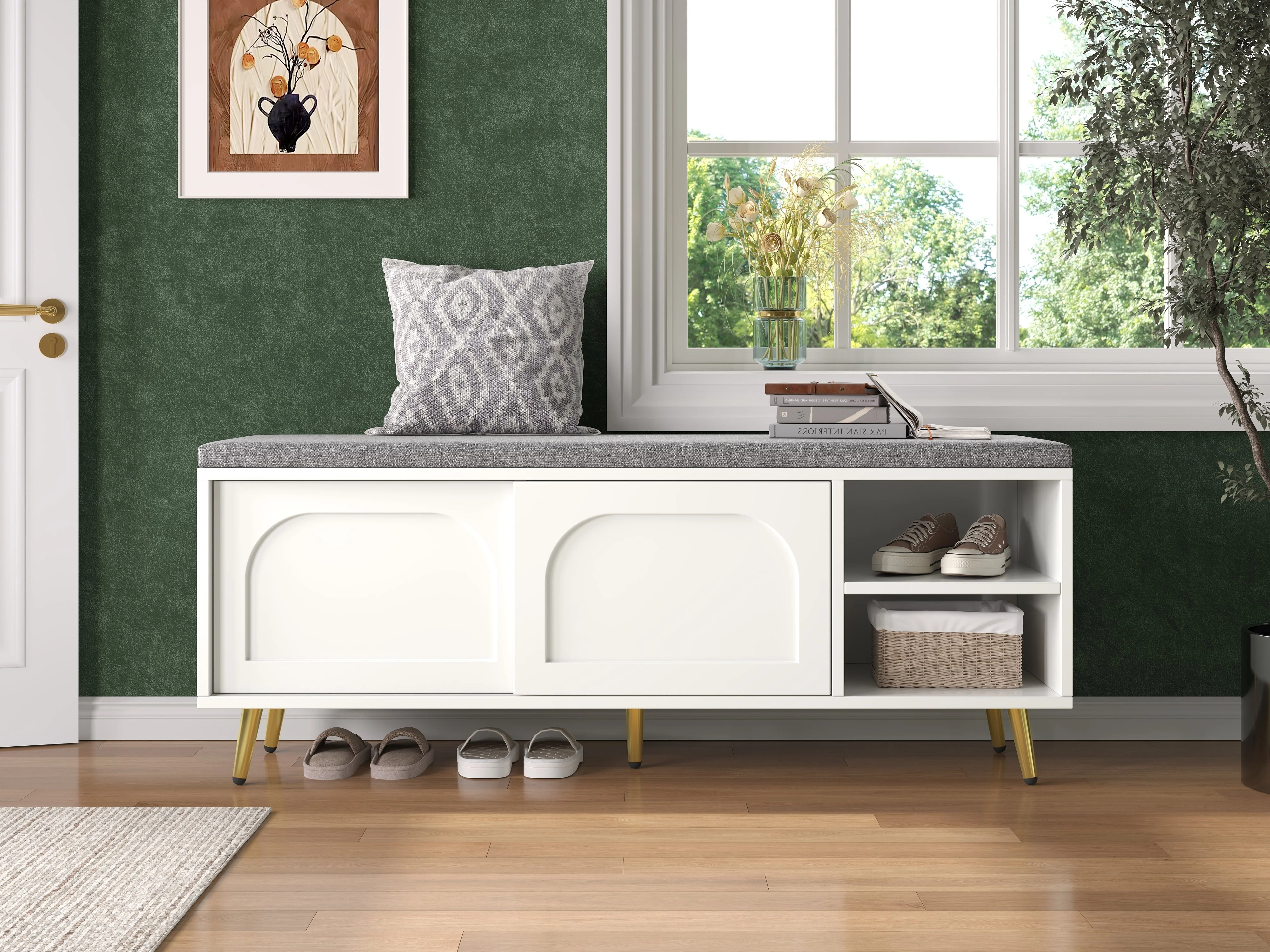 Shoe Bench Storage with Seat Cushion - White - Image 9