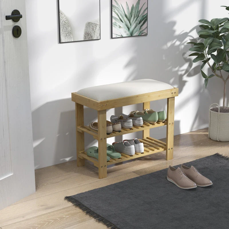 Shoe Bench with Storage, 2 Compartments, Bamboo Cream White - Image 2