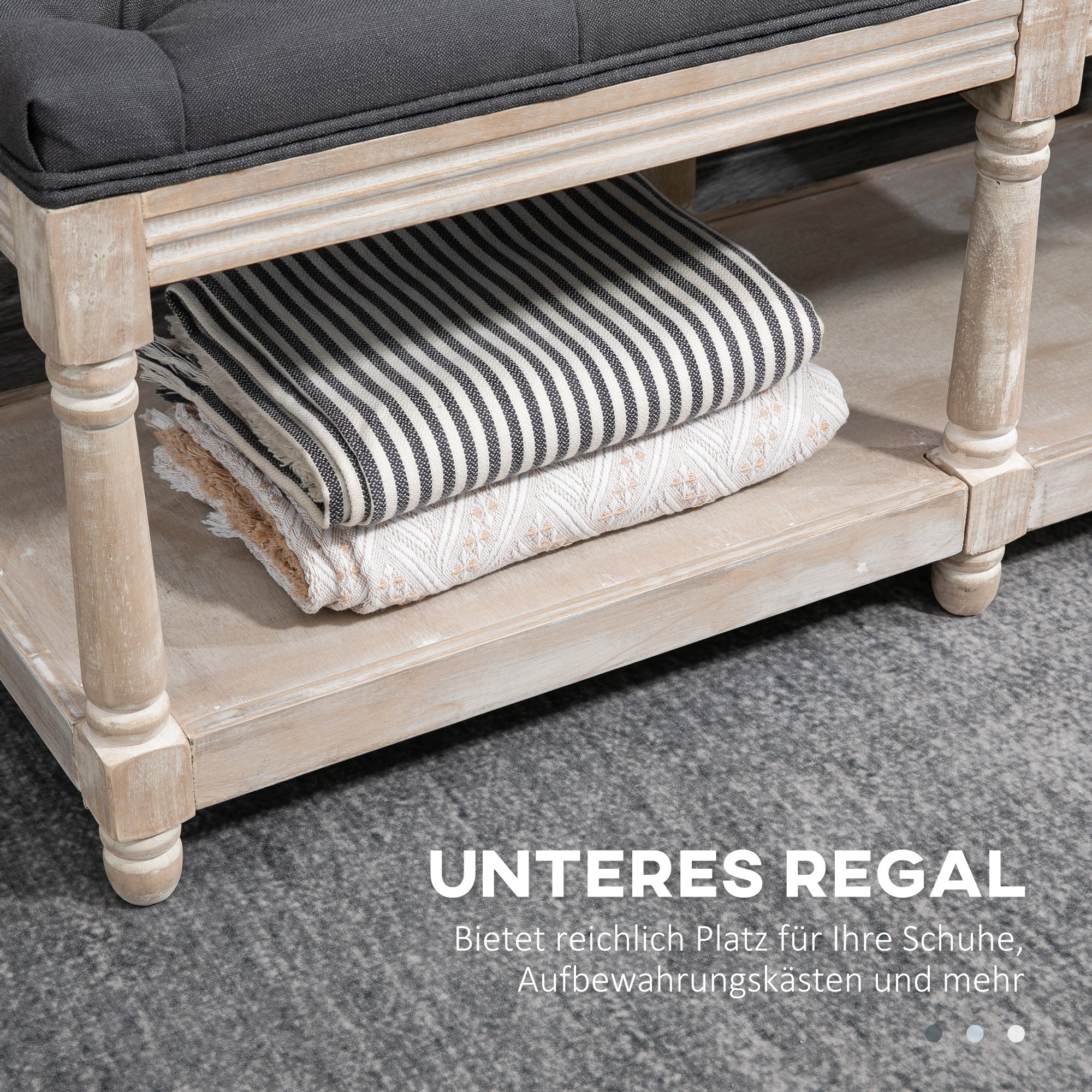 Shoe Bench with Storage, Upholstered, Wooden Legs, Grey Linen - Image 6