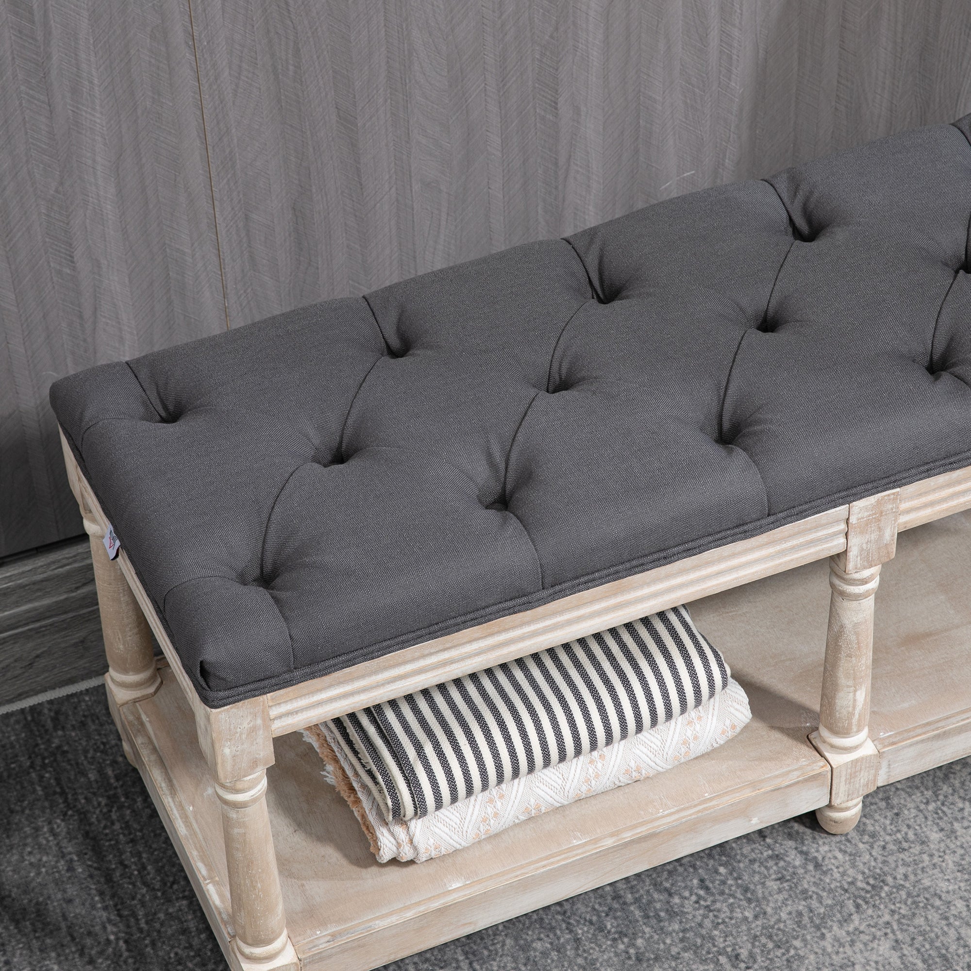 Shoe Bench with Storage, Upholstered, Wooden Legs, Grey Linen - Image 7