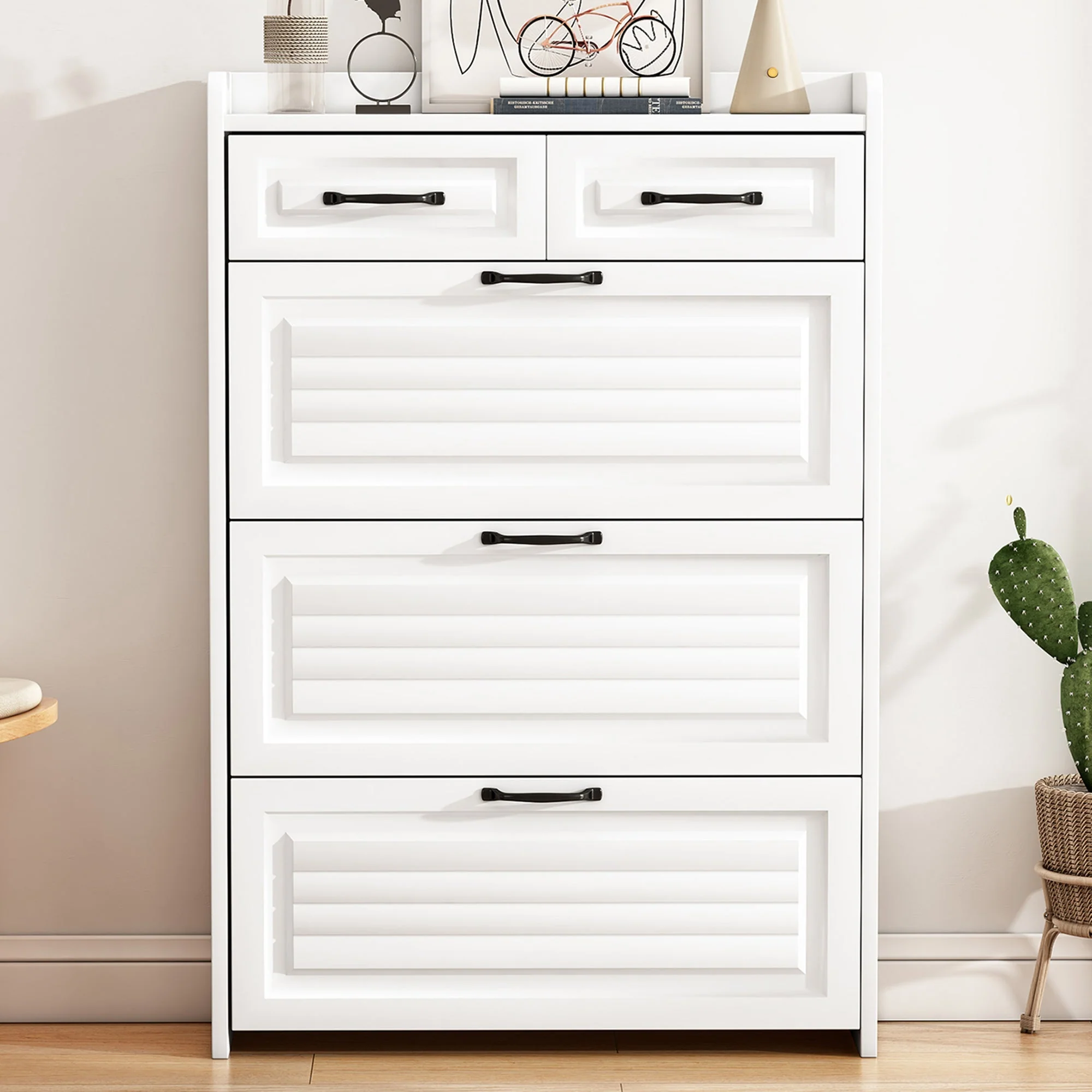 Shoe Cabinet 3 Doors 2 Drawers, W80/H131 cm, Wooden