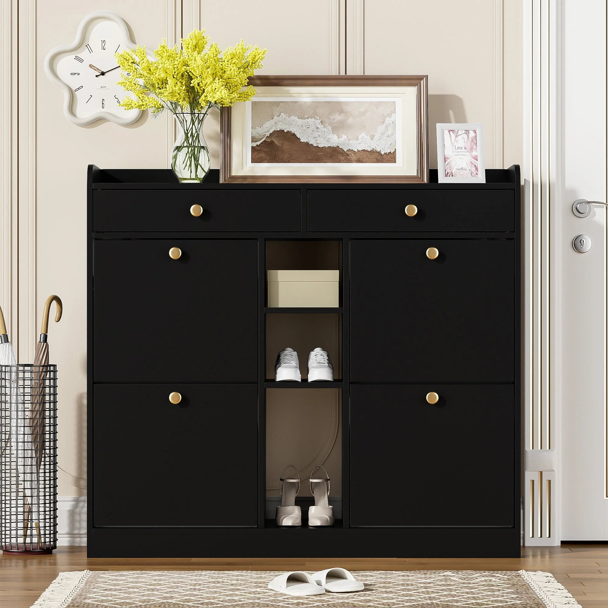 Shoe Cabinet, 4-Door, 2-Drawer, 3-Compartment, Black - Image 3