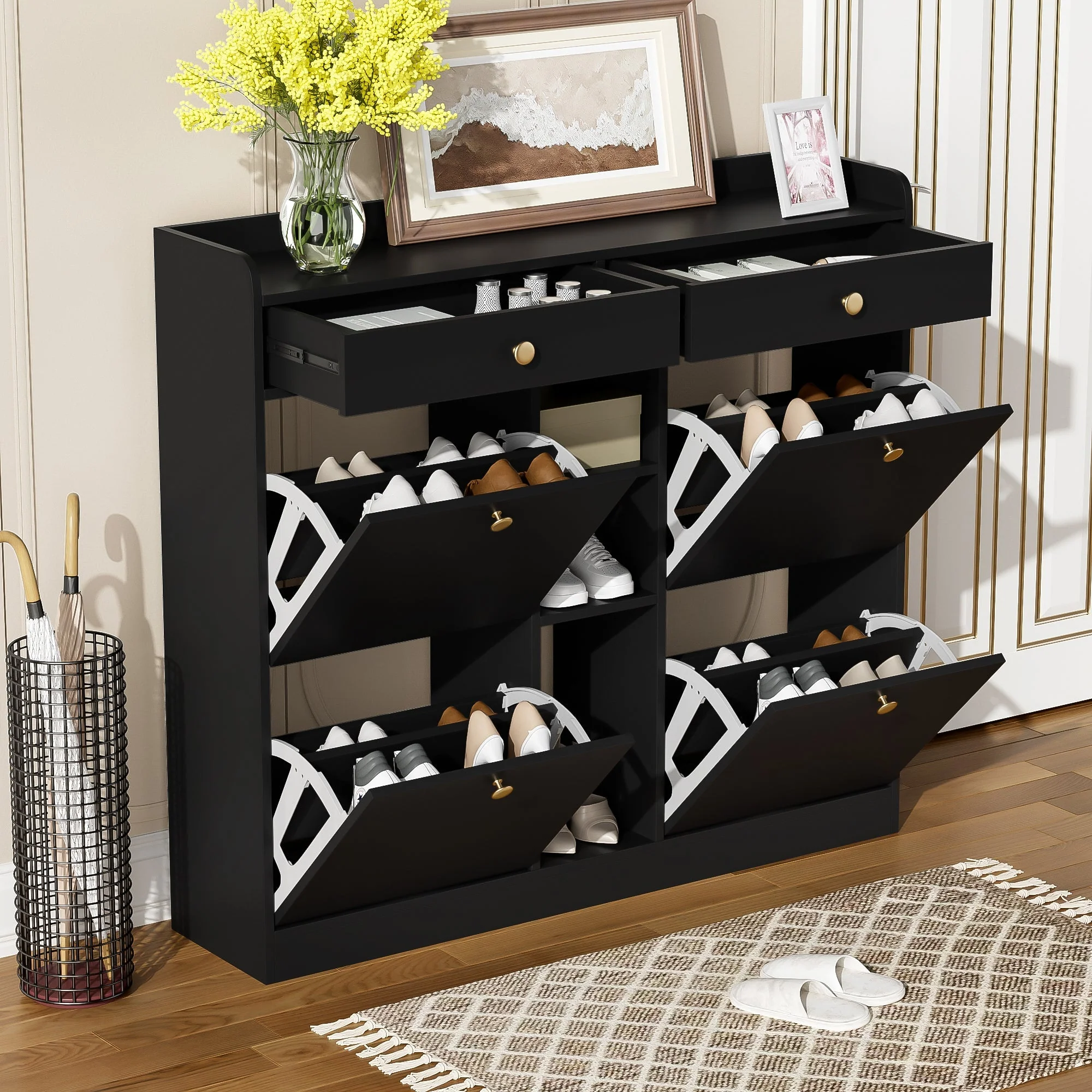Shoe Cabinet, 4-Door, 2-Drawer, 3-Compartment, Black - Image 4