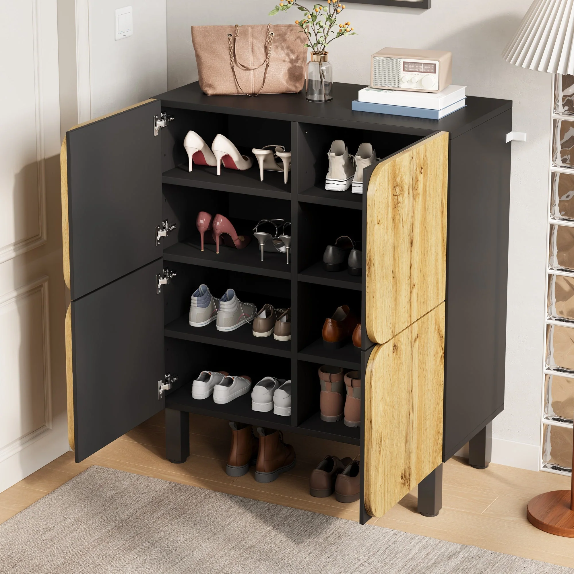 Shoe Cabinet 4 Doors Adjustable Shelves Curved Doors Black - Image 4
