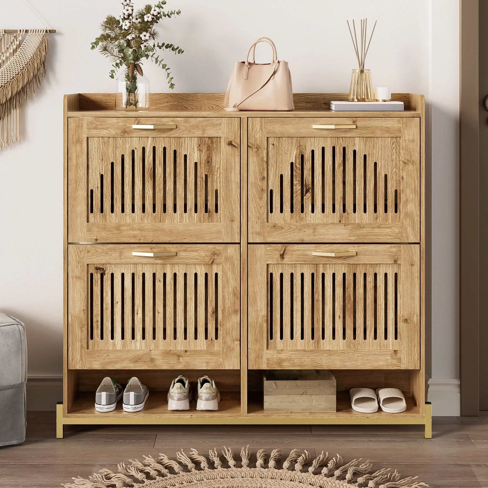 Shoe Cabinet 4 Doors, Vertical Slatted, Space-Saving with Shelf, Wood/Metal - Image 7
