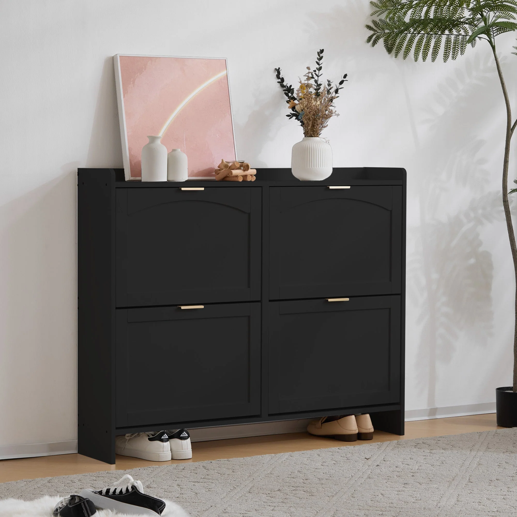Shoe Cabinet 4 Drop-Down Compartments Open Shelves Entryway, Black - Image 4