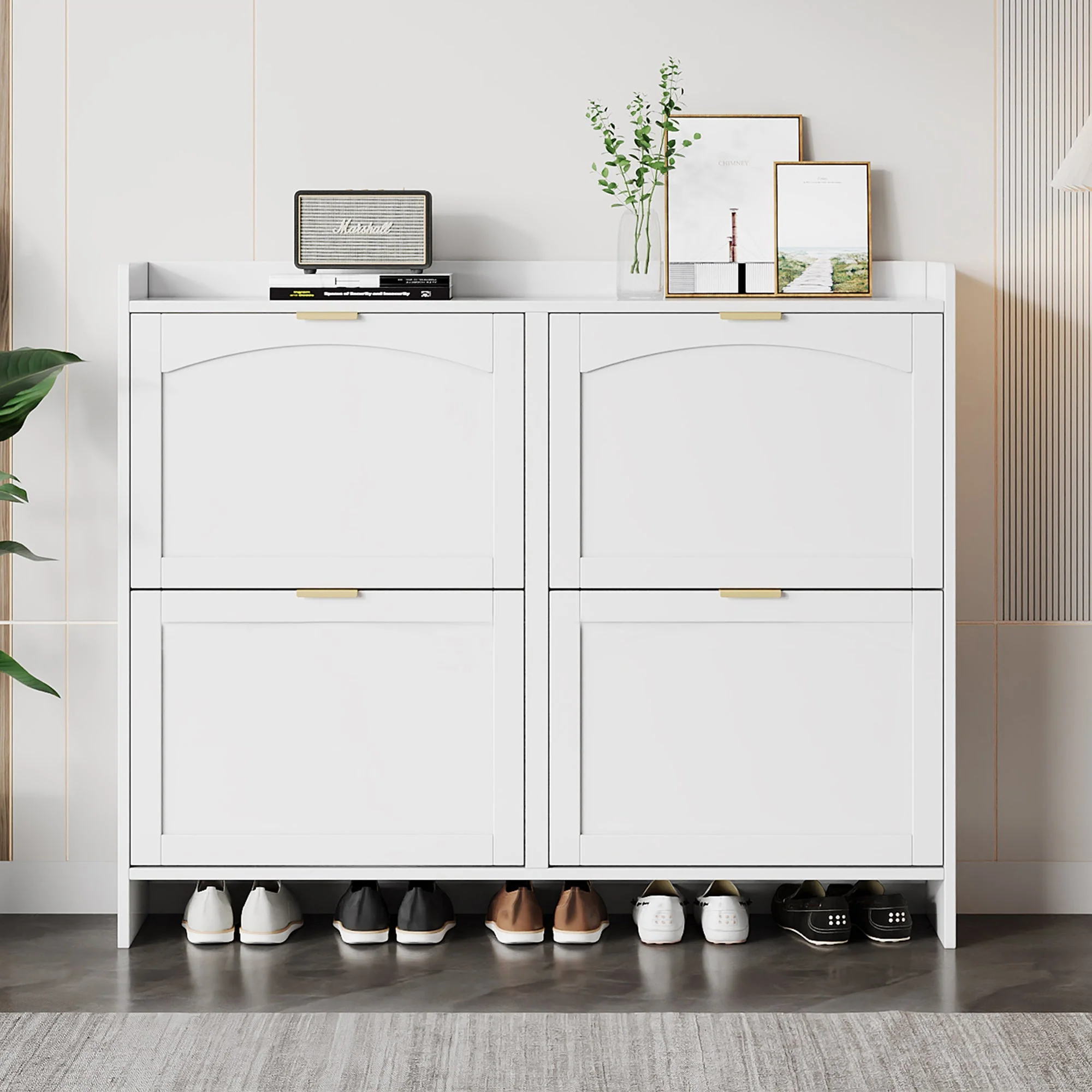Shoe Cabinet 4 Drop-Down Compartments Open Shelves Entryway/Hallway, White - Image 2