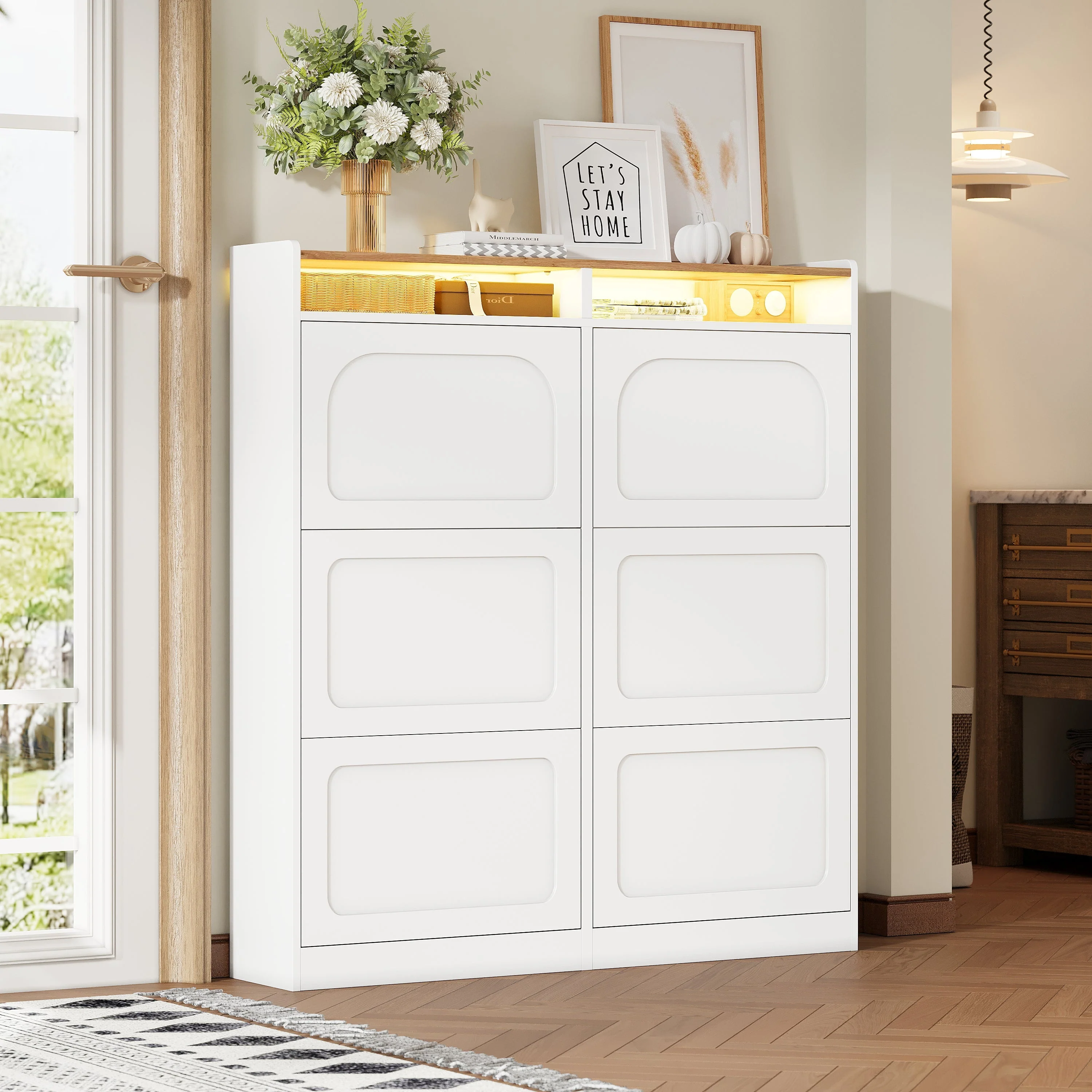 Shoe Cabinet 6 Drop-Down Compartments LED Lighting Open Storage White Natural Finish - Image 2