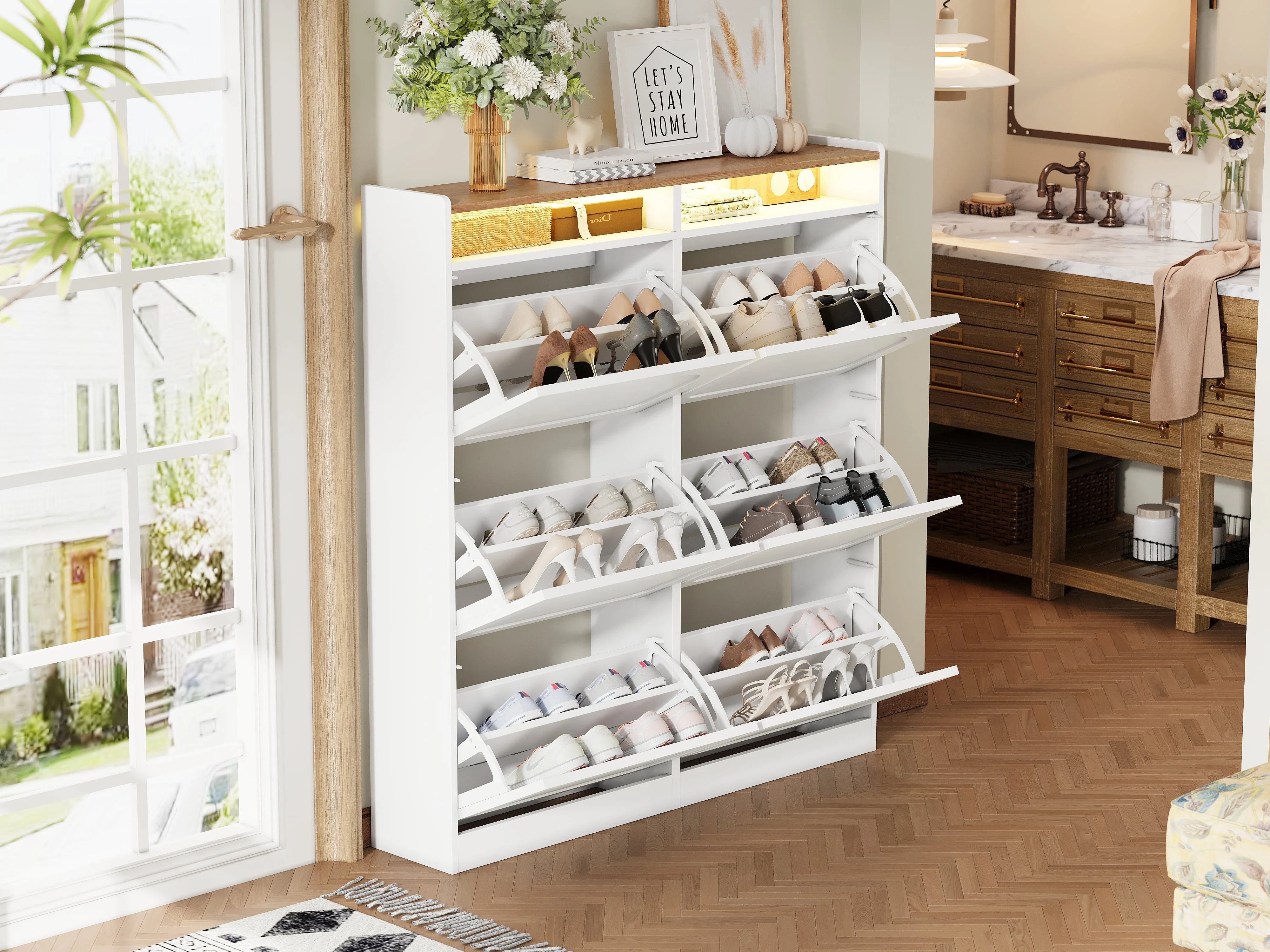 Shoe Cabinet 6 Drop-Down Compartments LED Lighting Open Storage White Natural Finish - Image 5