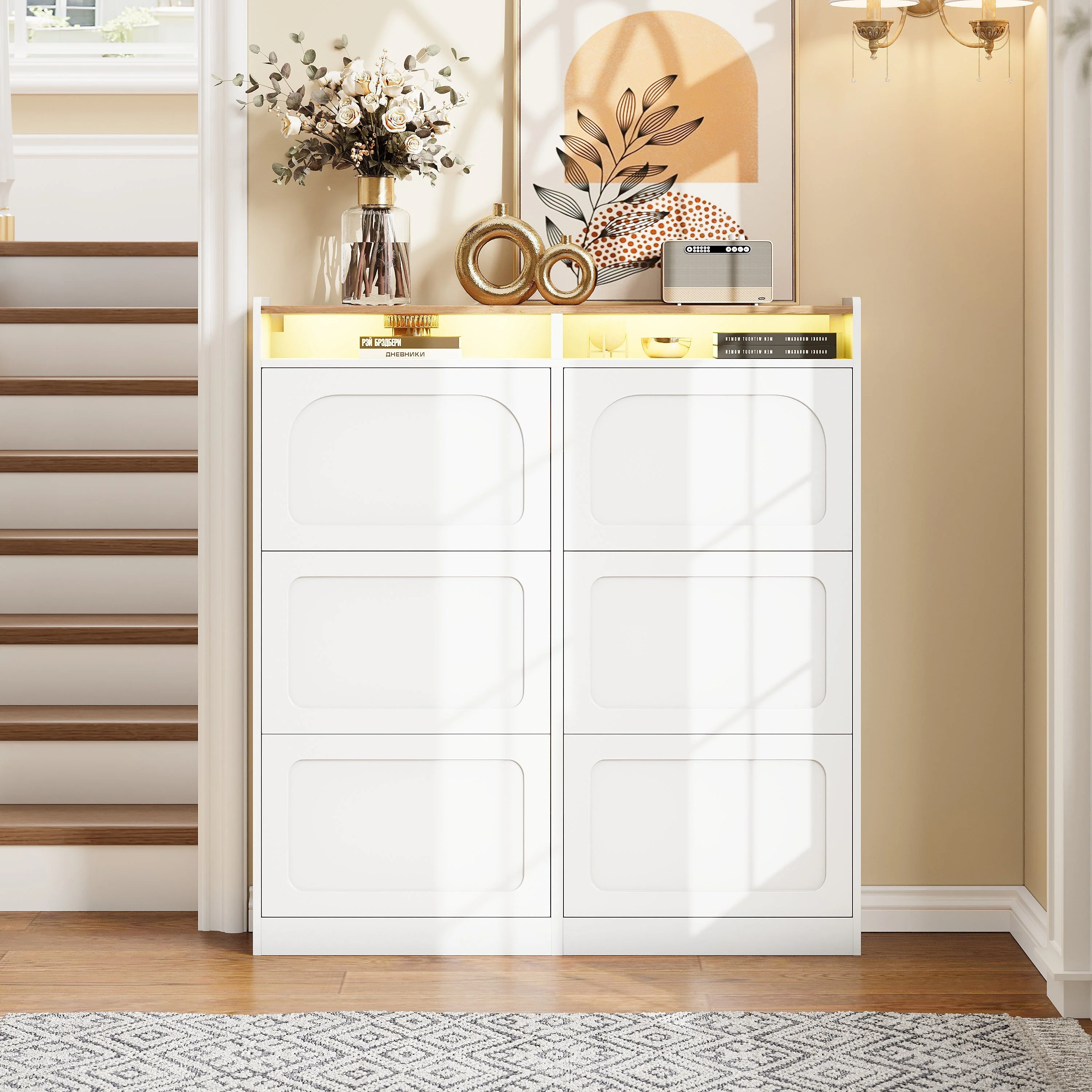 Shoe Cabinet 6 Drop-Down Compartments LED Lighting Open Storage White Natural Finish - Image 8