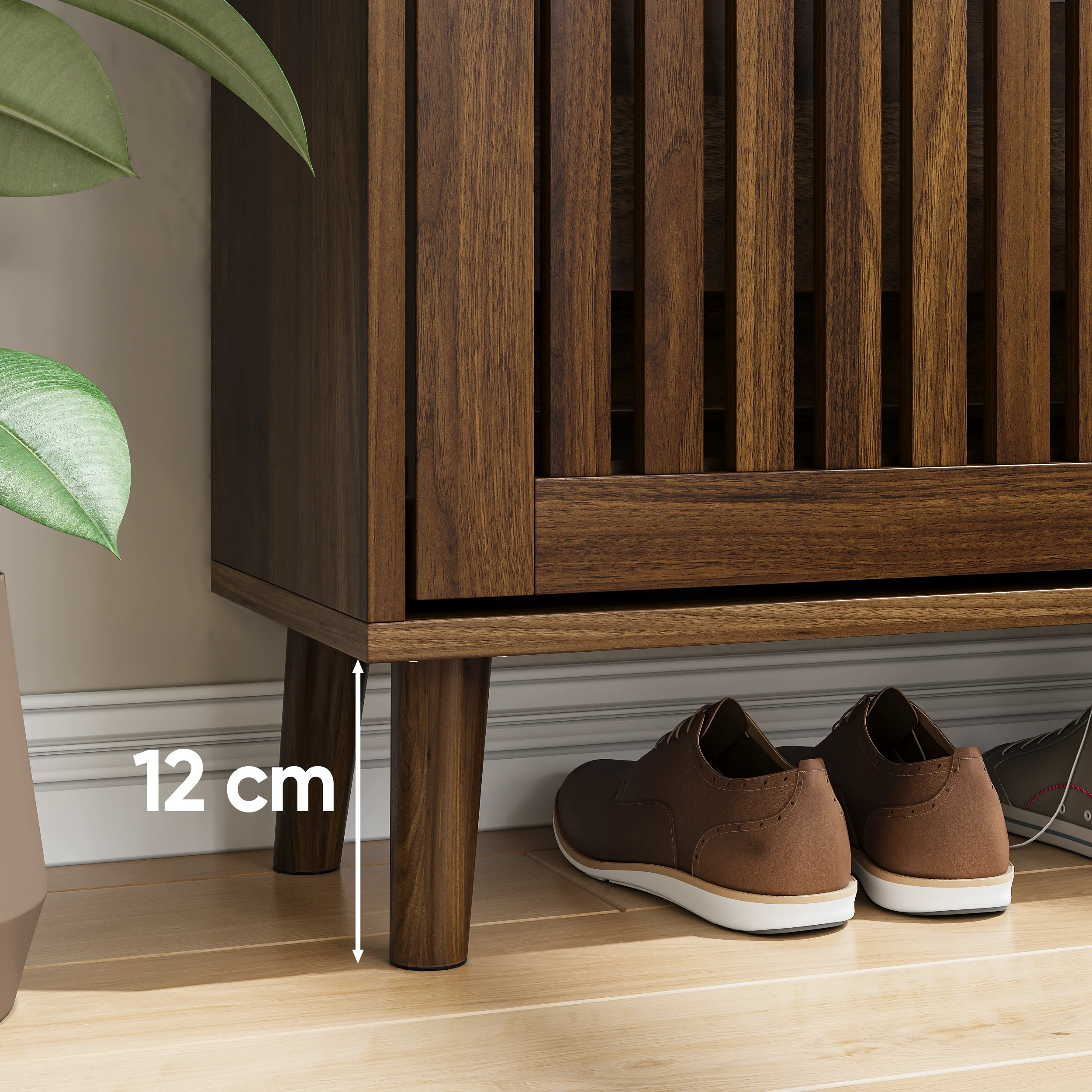 Shoe Cabinet 60cm Freestanding 2 Drop-Down Drawers Medieval-Modern - Walnut Wood - Image 6