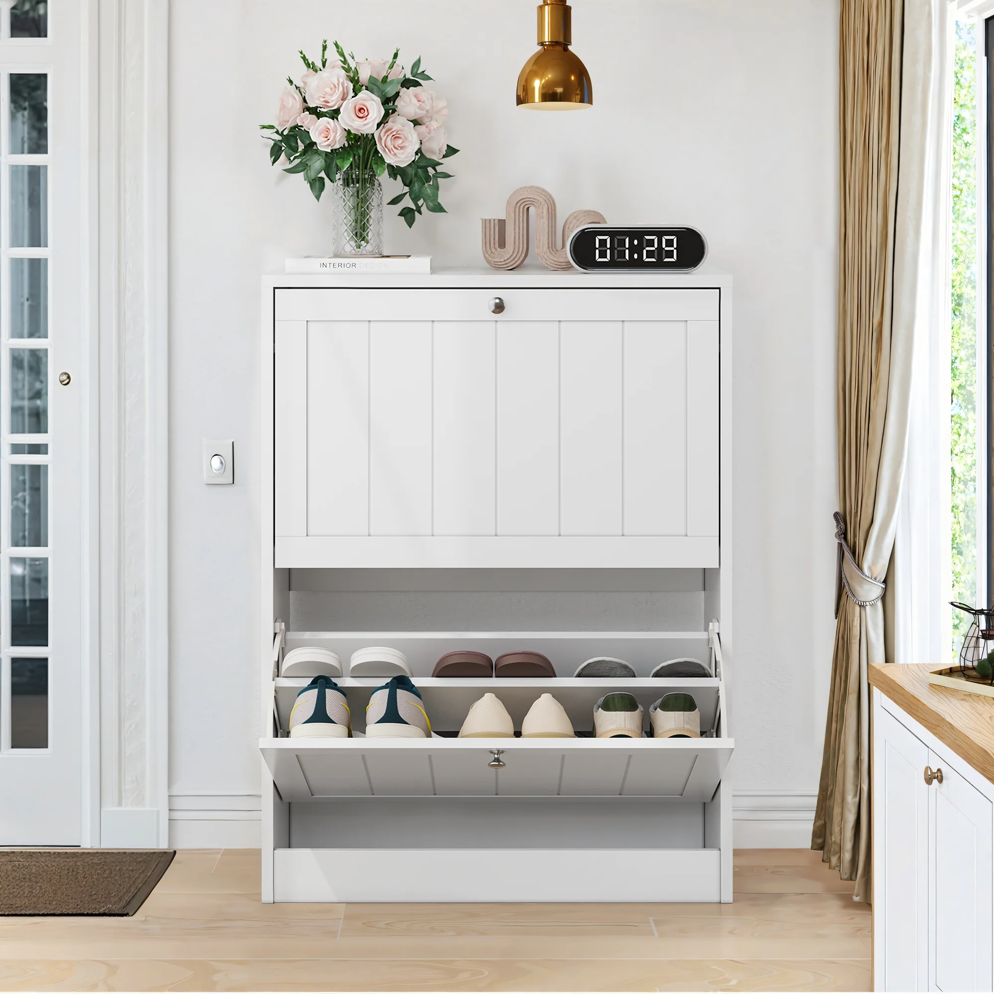 Shoe Cabinet 60cm Mid-Century Modern Freestanding 2 Drop-Down Drawers - White - Image 3