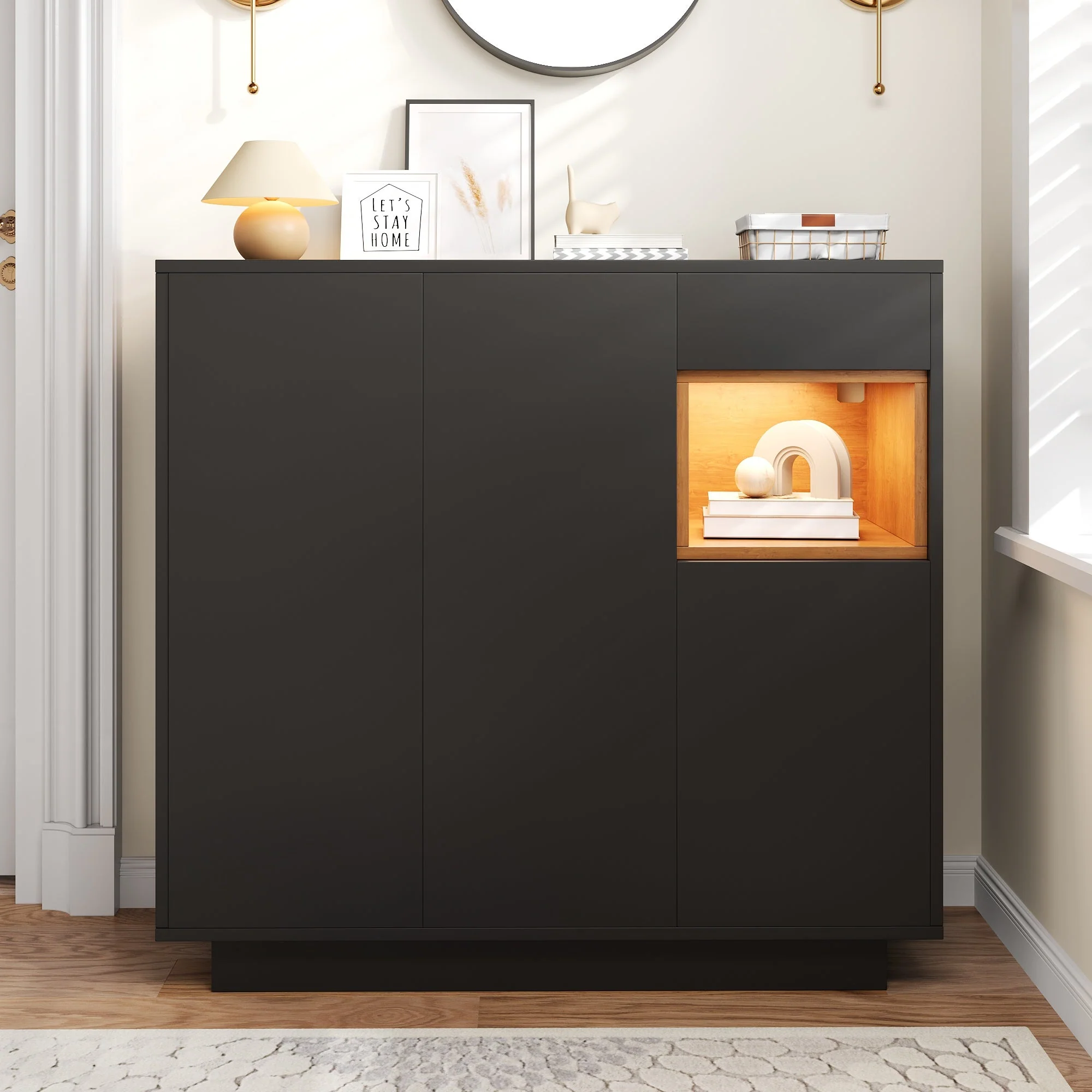 Shoe Cabinet, Adjustable Shelves, Black and Wood - Image 3