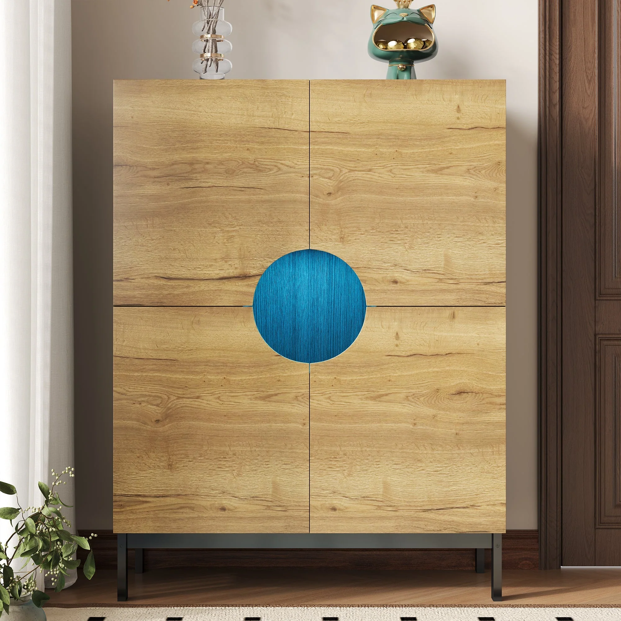 Shoe Cabinet & Display Cabinet 2-in-1, Adjustable Shelves, Solid Wood Legs, Wood Color - Image 10