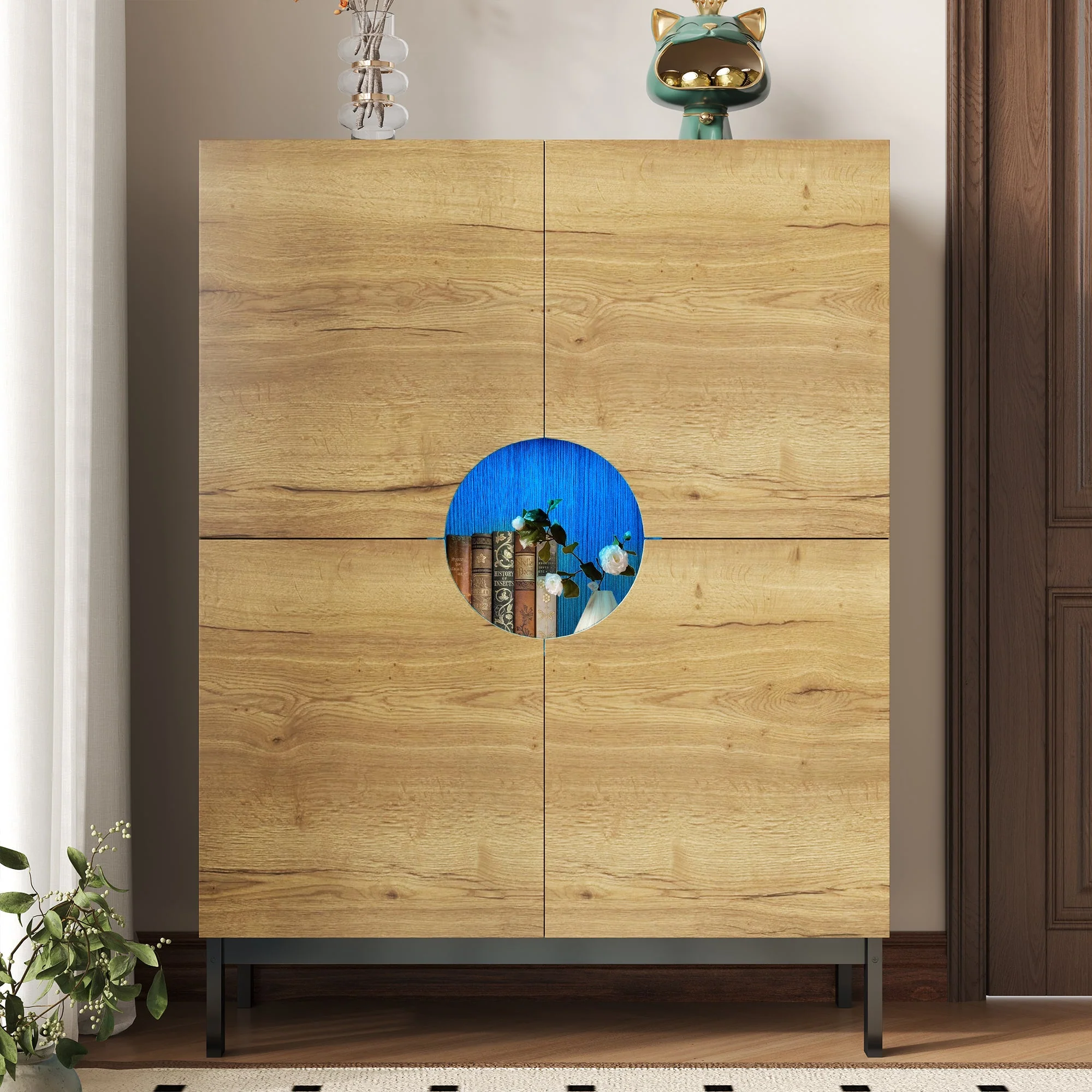 Shoe Cabinet & Display Cabinet 2-in-1, Adjustable Shelves, Solid Wood Legs, Wood Color - Image 2