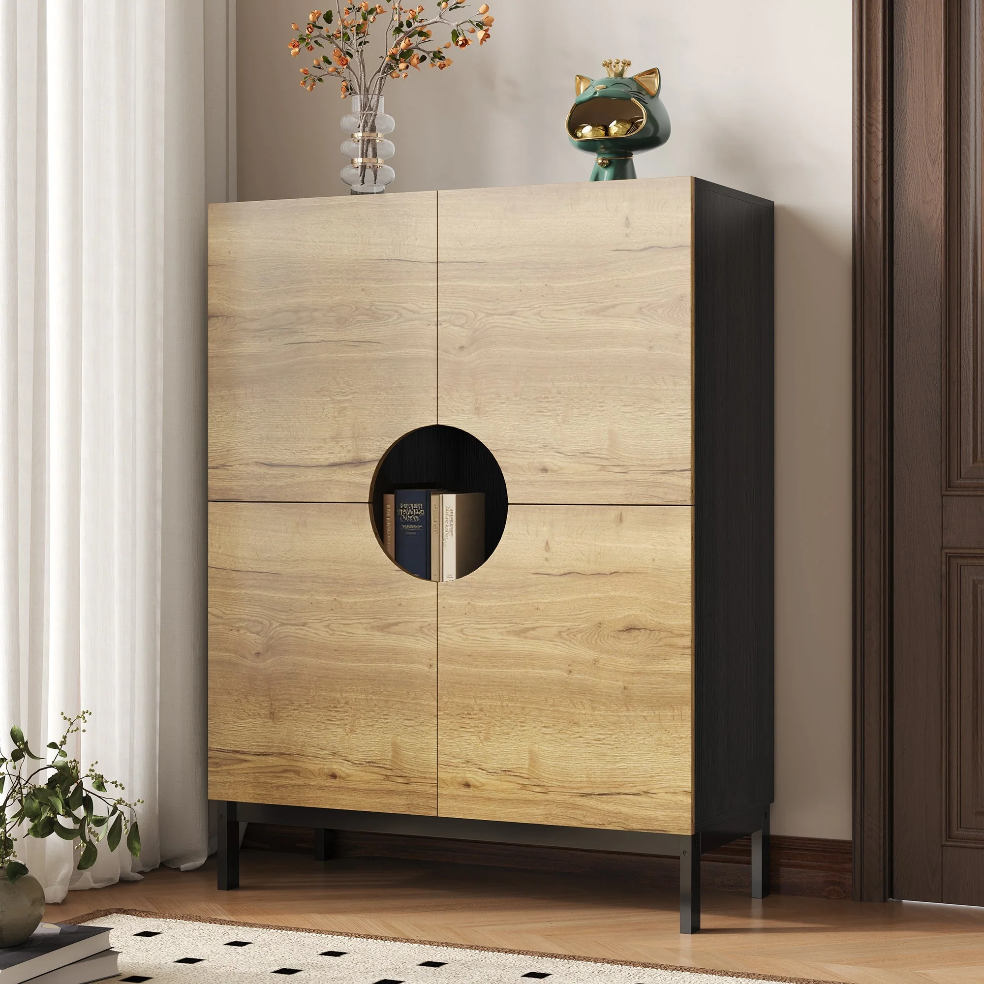 Shoe Cabinet & Display Cabinet 2-in-1, Adjustable Shelves, Solid Wood Legs, Wood Color - Image 4