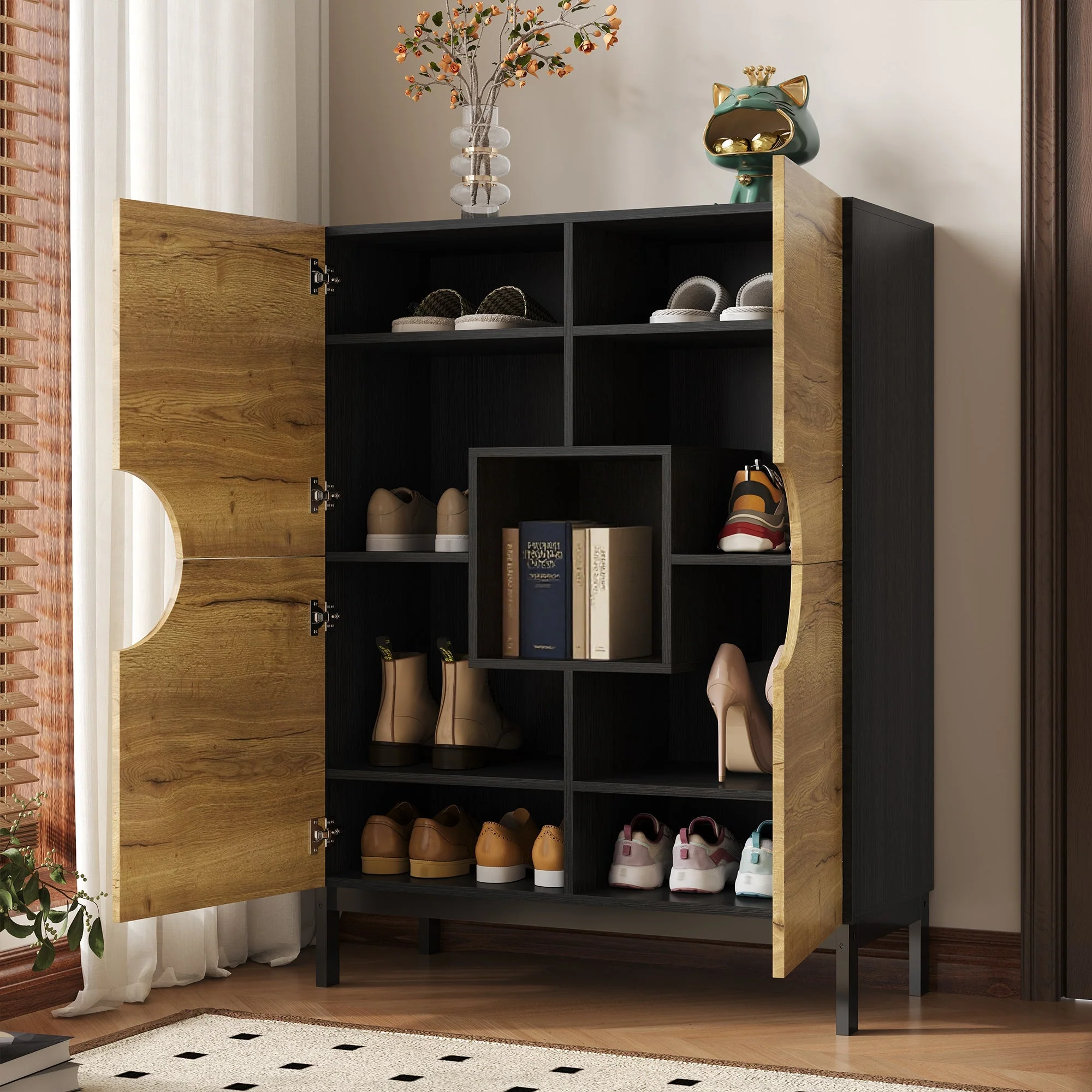 Shoe Cabinet & Display Cabinet 2-in-1, Adjustable Shelves, Solid Wood Legs, Wood Color - Image 5