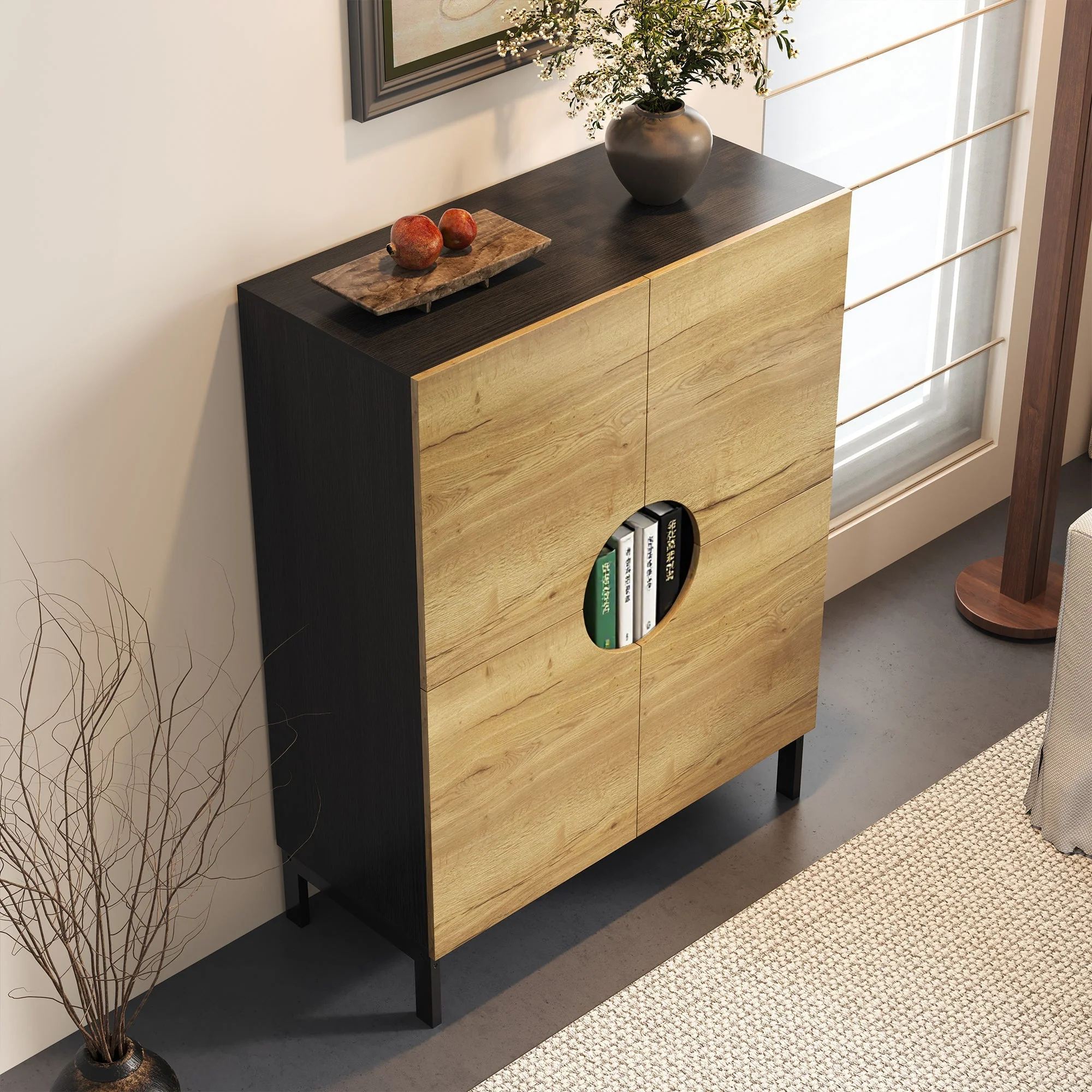 Shoe Cabinet & Display Cabinet 2-in-1, Adjustable Shelves, Solid Wood Legs, Wood Color - Image 6