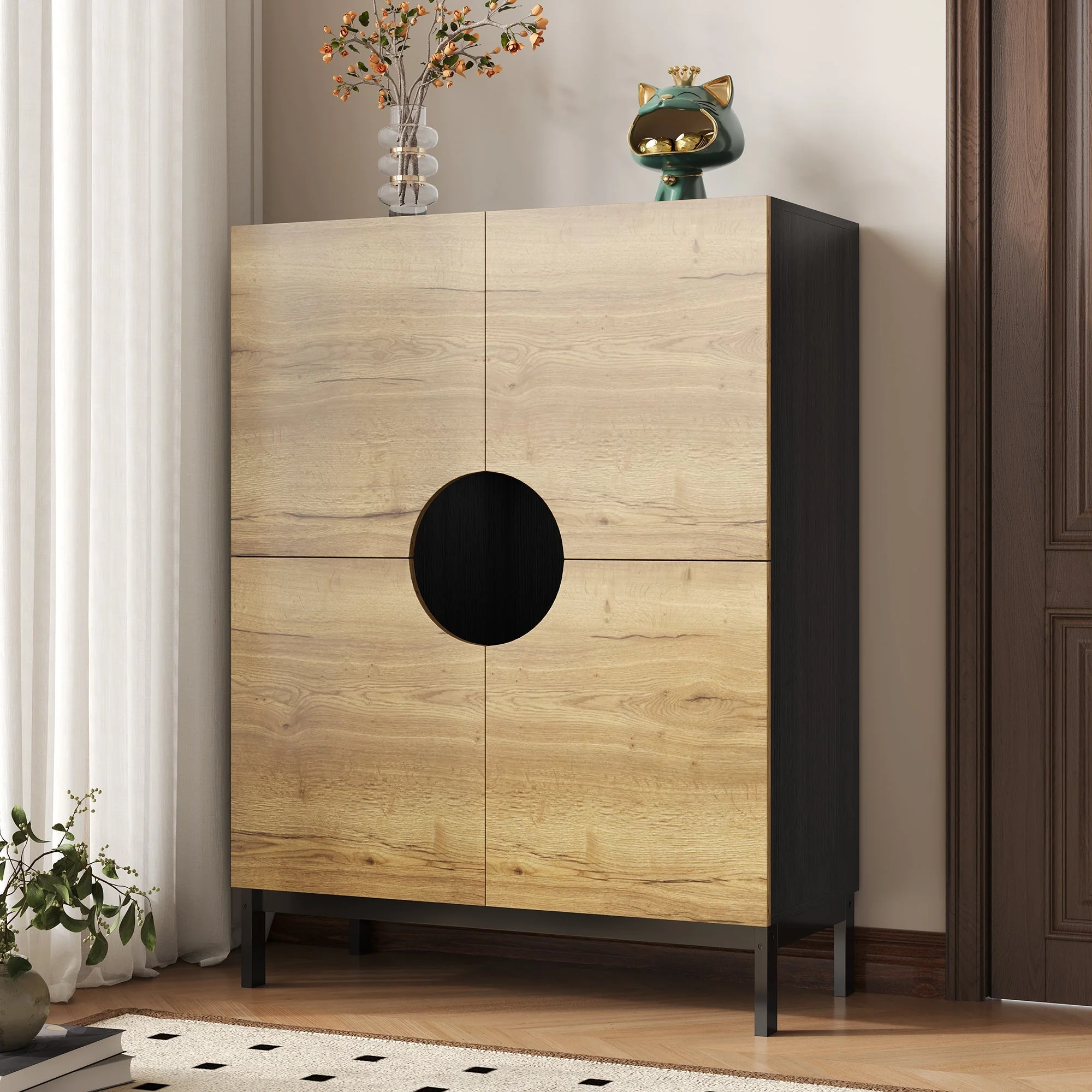 Shoe Cabinet & Display Cabinet 2-in-1, Adjustable Shelves, Solid Wood Legs, Wood Color - Image 8