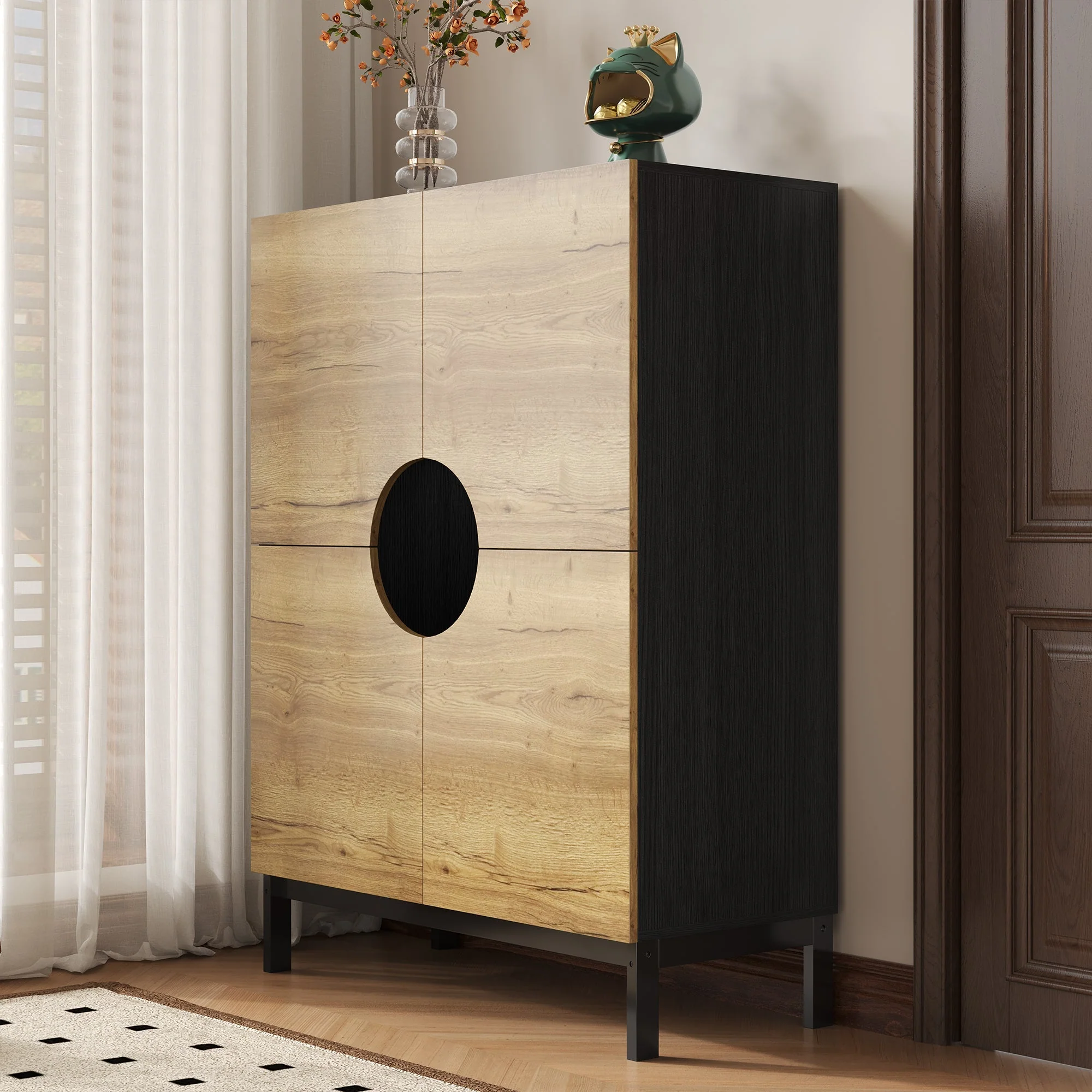 Shoe Cabinet & Display Cabinet 2-in-1, Adjustable Shelves, Solid Wood Legs, Wood Color - Image 9