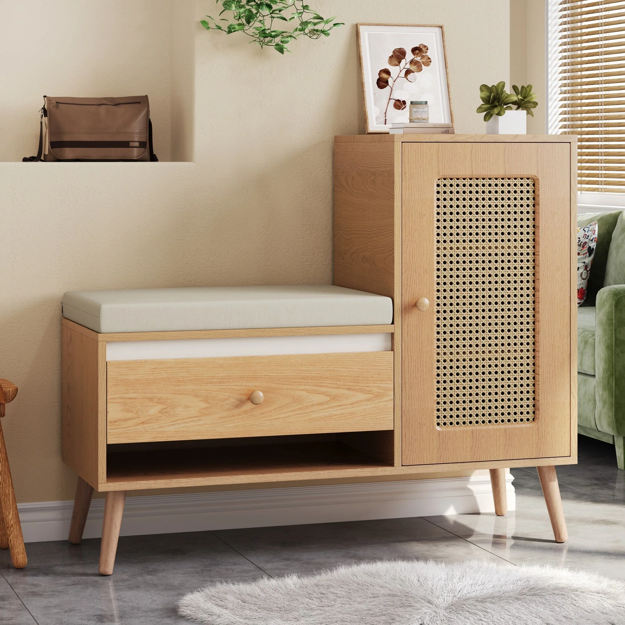 Shoe Cabinet, Entryway Bench with Storage Drawers and Seat Cushion, Rattan - Image 5