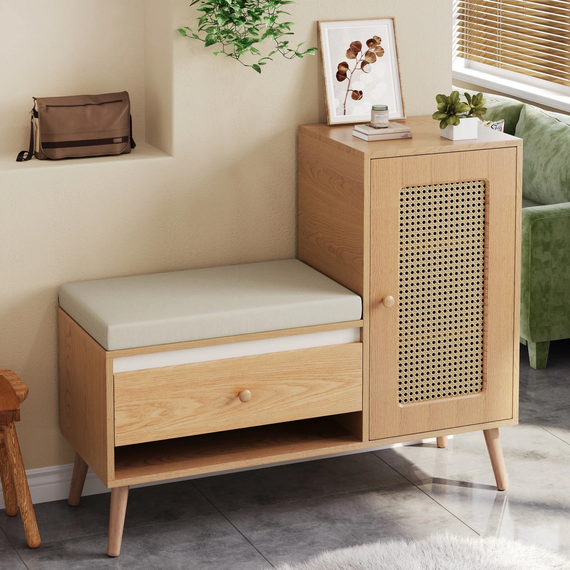 Shoe Cabinet, Entryway Bench with Storage Drawers and Seat Cushion, Rattan - Image 6