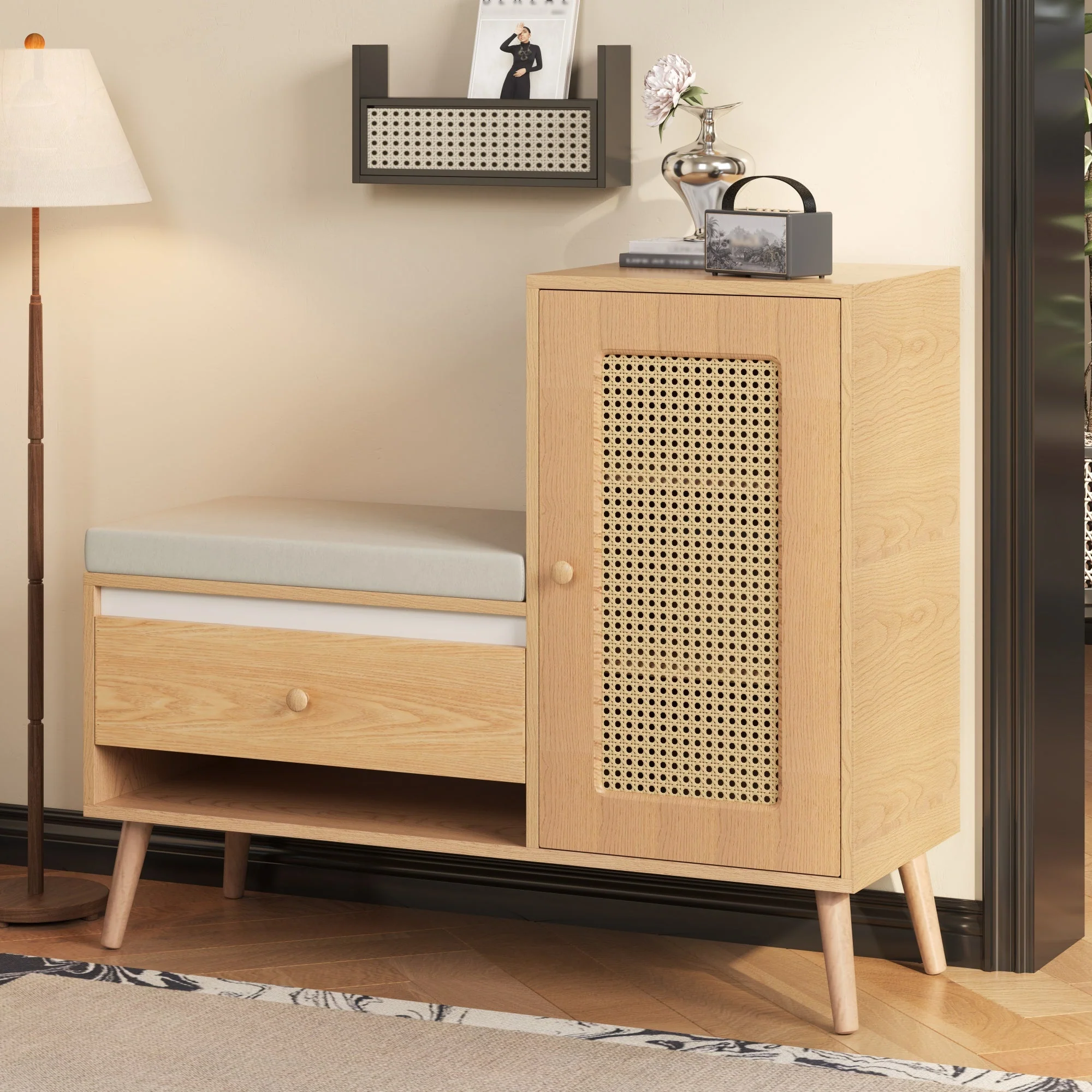 Shoe Cabinet, Entryway Bench with Storage Drawers and Seat Cushion, Rattan - Image 9