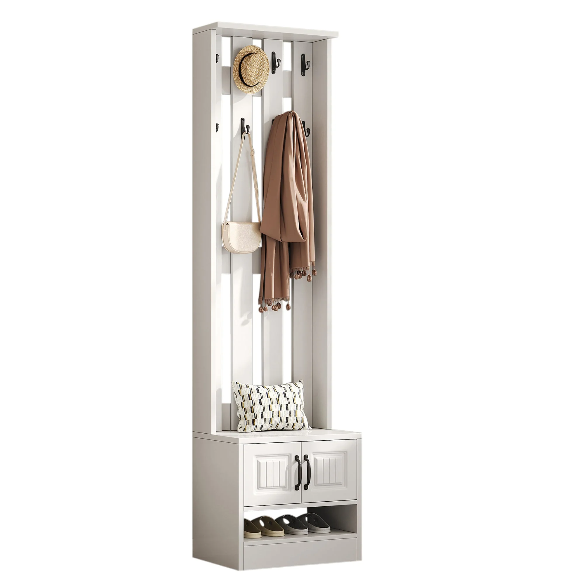 Shoe Cabinet Hallway Furniture with 2 Doors and 8 Hooks, W50/D36/H190cm, White - Image 5
