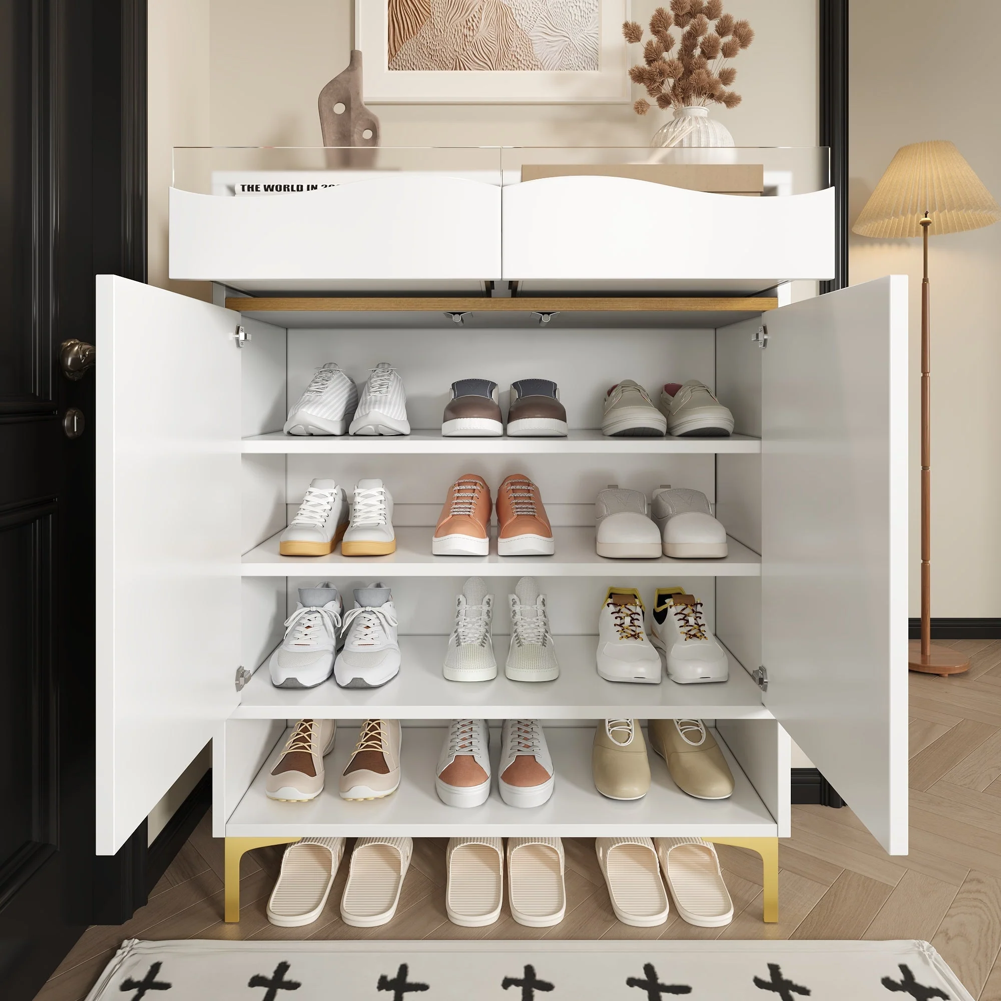 Shoe Cabinet, LED 16 Colors, Drawers & Shelves, Modern White - Image 10