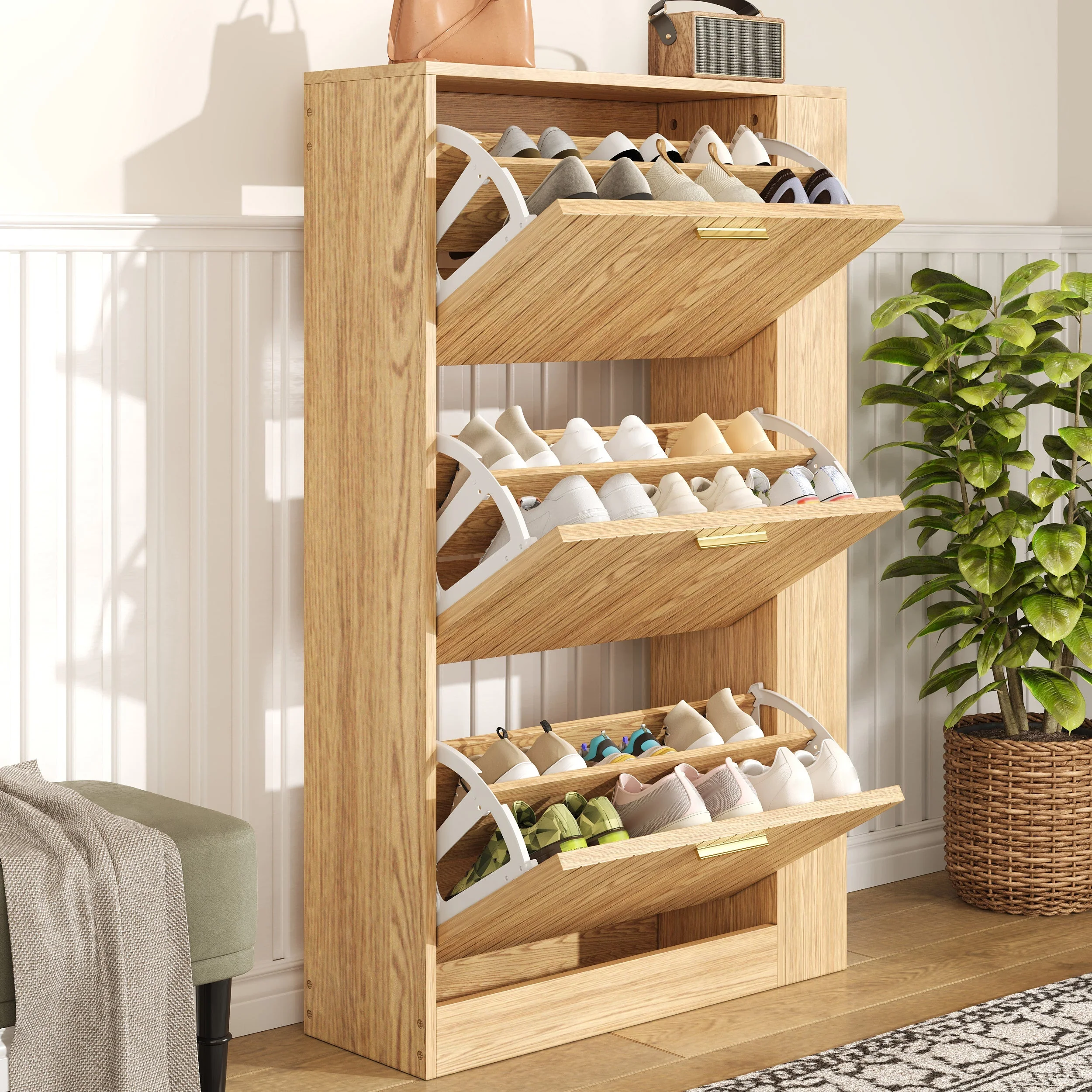 Shoe Cabinet Modern Minimalist 3 Doors Open Shelves - Wood - Image 5