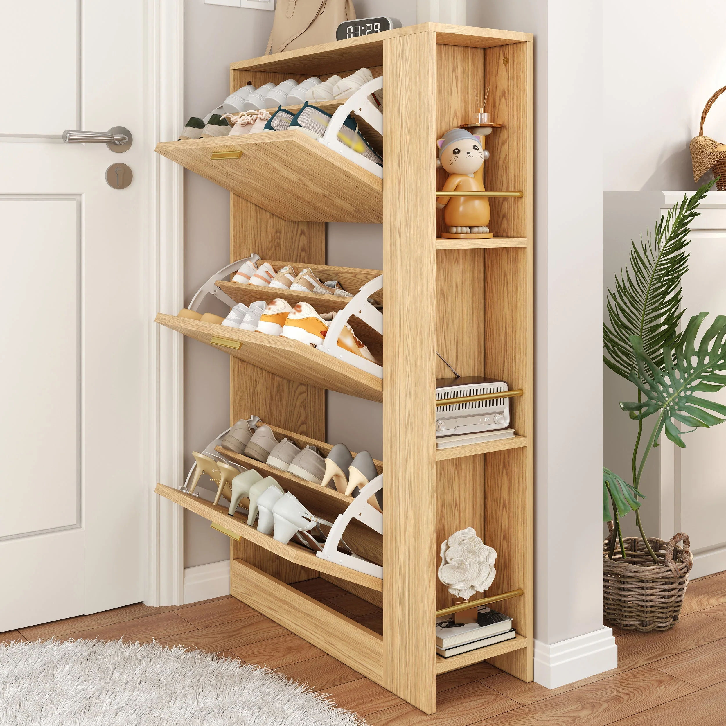 Shoe Cabinet Modern Minimalist 3 Doors Open Shelves - Wood - Image 9