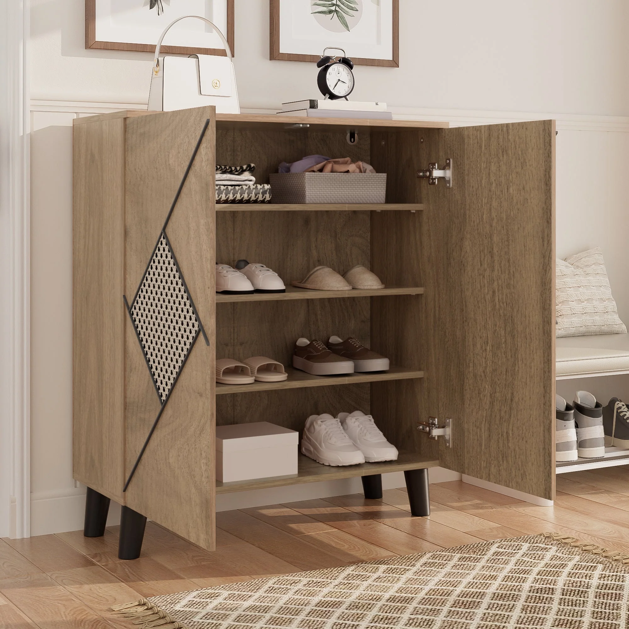 Shoe Cabinet Modern Rattan Pattern Storage 80x32x91cm - Image 7