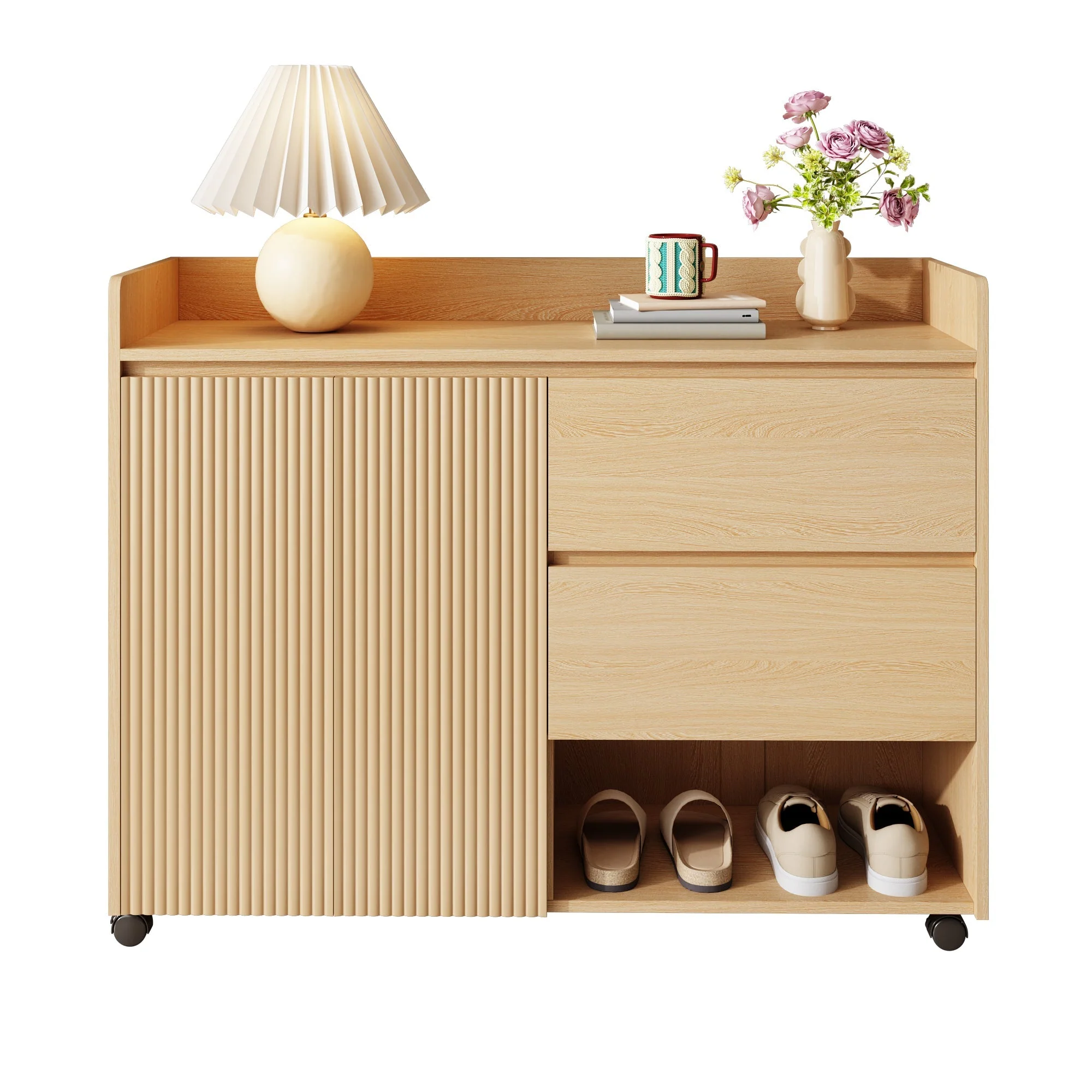 Shoe Cabinet, Movable with Adjustable Shelves, Soft-Closing Hinge, Natural MDF - Image 2
