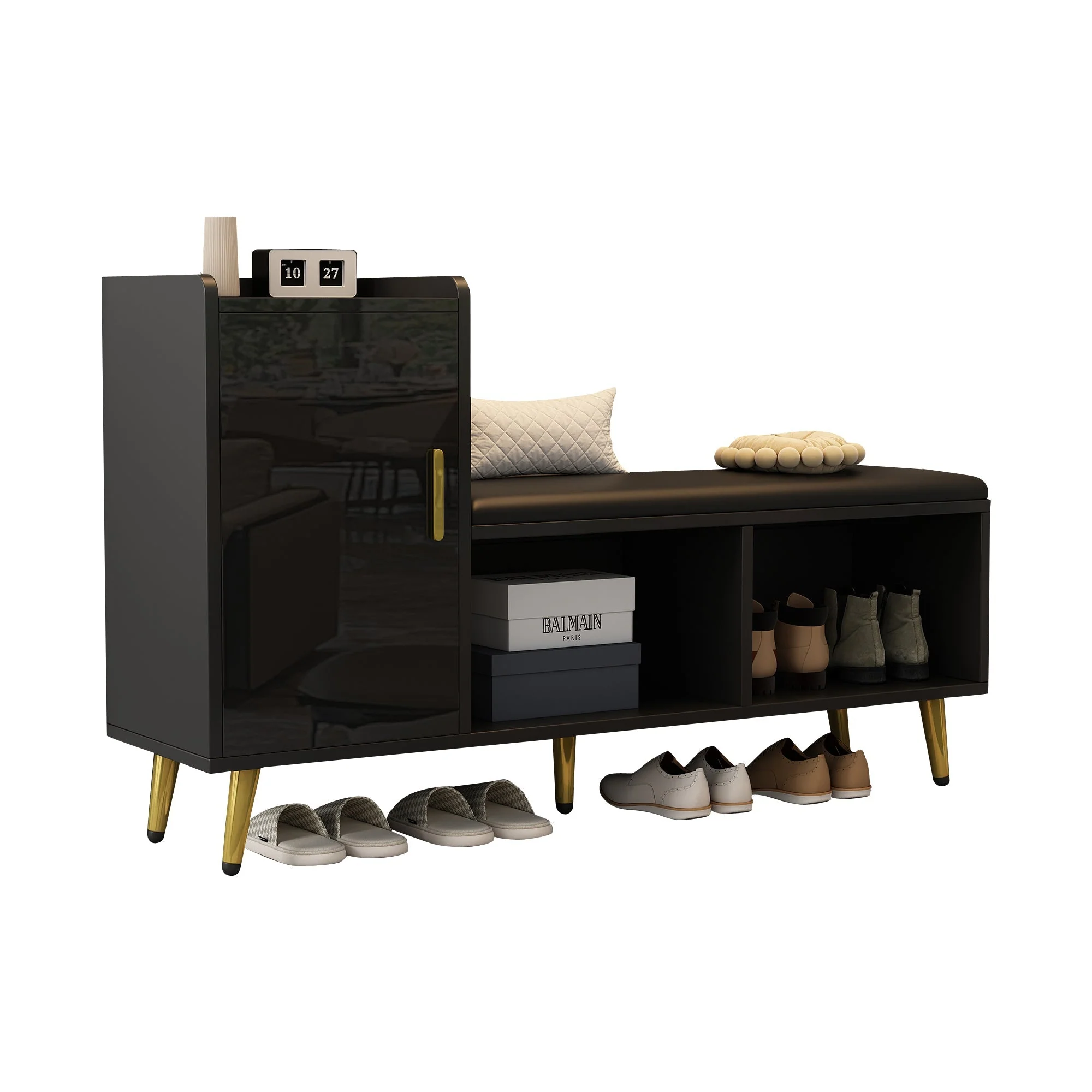 Shoe Cabinet, Multi-tiered Storage with Padded Seat & Gold Accessories, Black High Gloss - Image 9