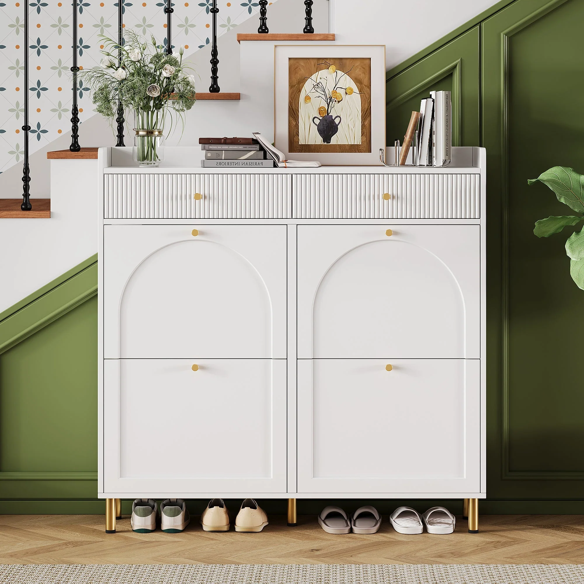 Shoe Cabinet Narrow 4 Hinged Doors 2 Drawers Metal Handles White - Image 2