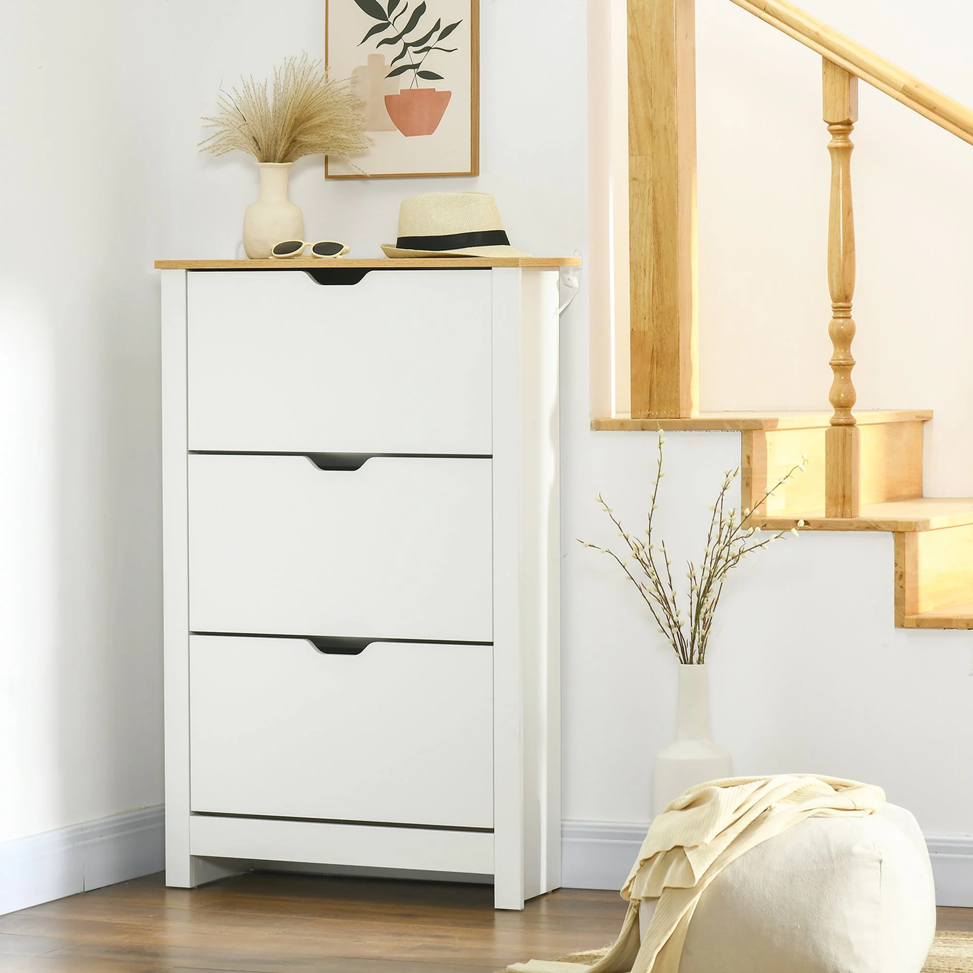 Shoe Cabinet Rack 3 Flaps 18 Pairs, Space-Saving, White Natural - Image 7